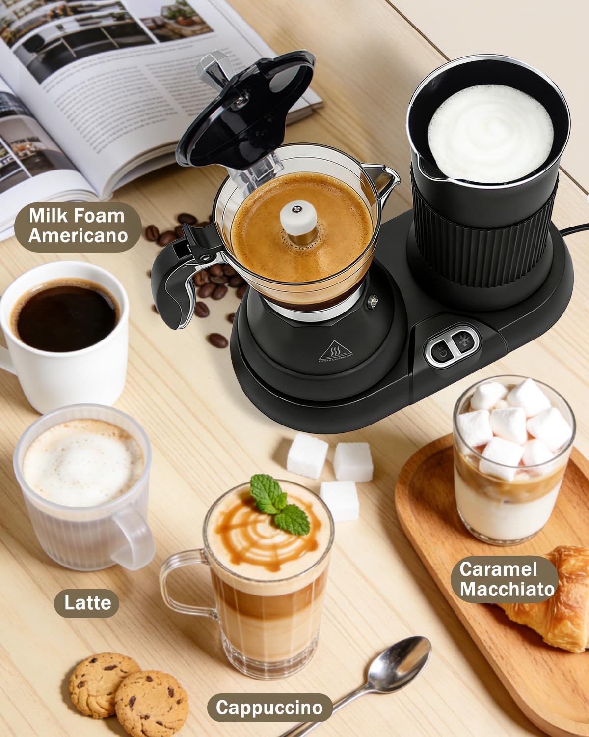 2-in-1 Milk Frother Electric Foam Maker and Moka Coffee Maker Espresso Maker 110V Electric Base Aluminum Frother Moka Pot 5oz 150ml Frothing Easy Brewing Latte Cappuccino Home Gift Black