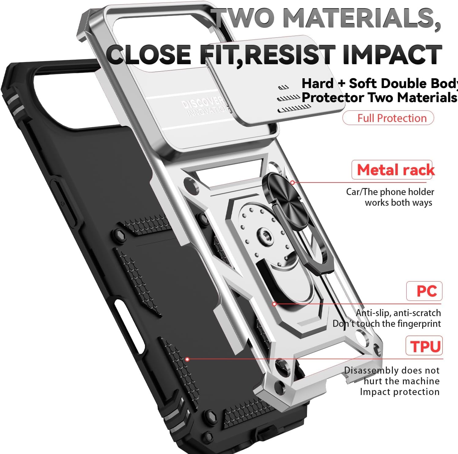 Case for iPhone 17 Pro Max/17 Pro/Air/17, Military-Grade Shockproof Magnetic Case with 360° Rotating Ring Stand, Slide Camera Lens Protection, Slim TPU+PC Bumper Cover(Silver,17 Air)