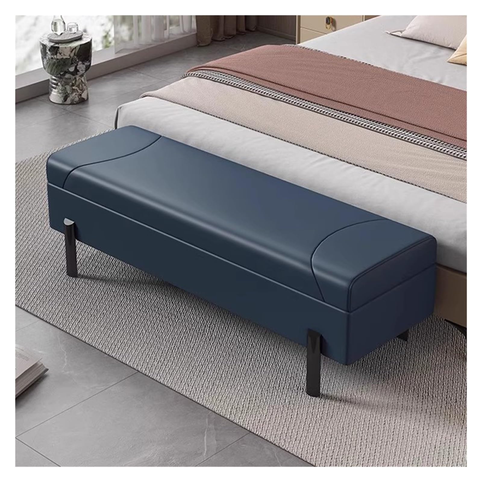 LWJSOCP Faux Leather Ottoman Bench with FootrestModern MidCentury Entryway Shoe Storage Stylish Living Room Seating (Blue 100CM)