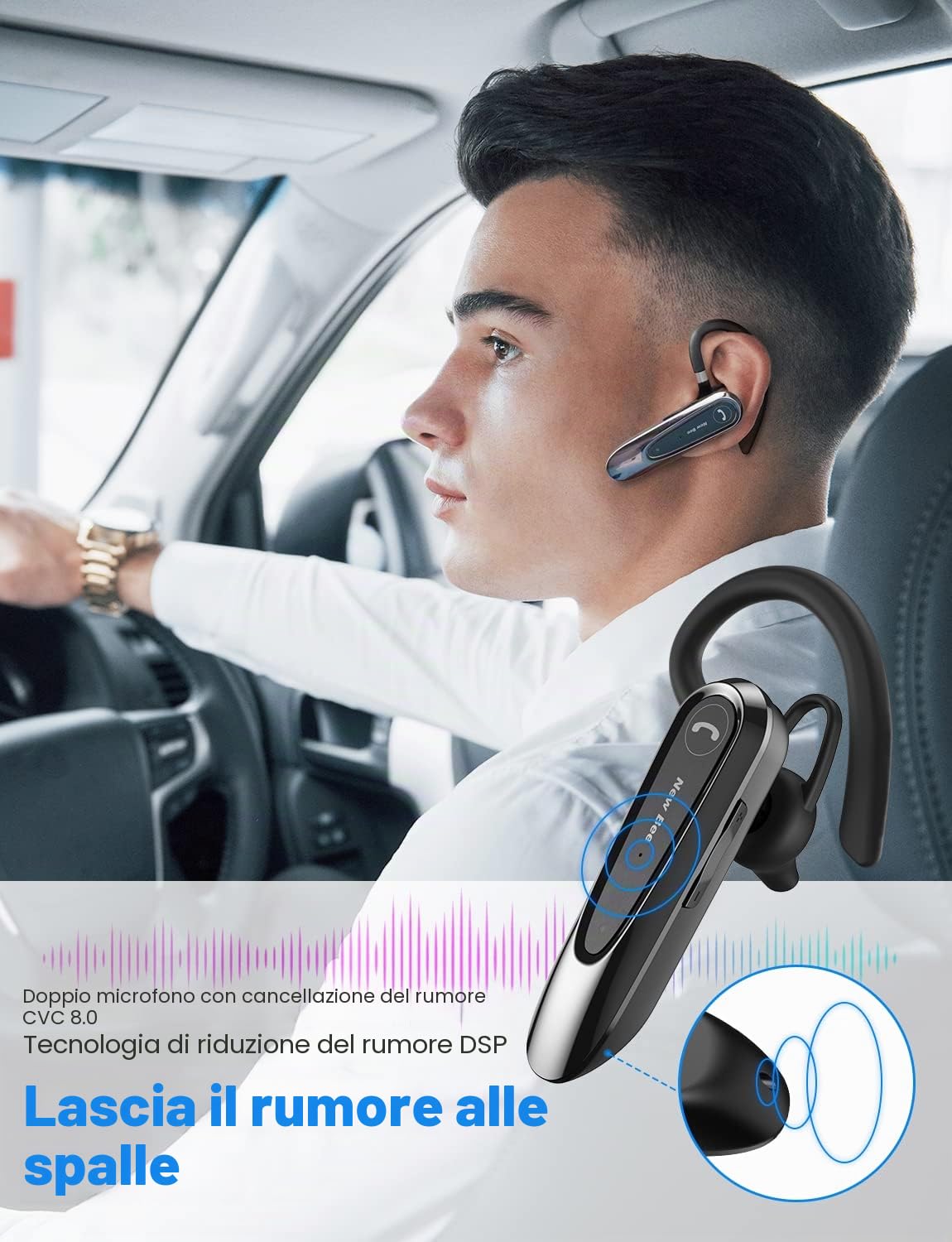 New Bee Auricolare Bluetooth Singolo con Doppio Microfono V5.0 Auricolari Bluetooth con 20 Ore Di conversazione, Microfono Muto, Connessione a due Dispositivi per iPhone, Android e Laptop