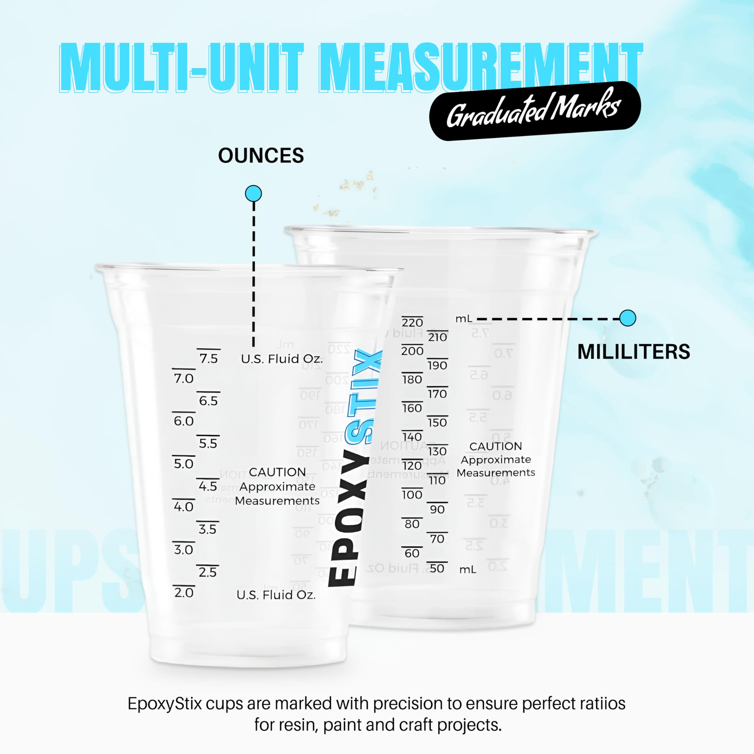 [Paquete de 50] Vasos medidores graduados desechables de 8 onzas para mezclar, medidas en ml y onzas, tazas reutilizables multiusos para pintura, resina epoxi, manchas, tazas de mezcla de líquidos