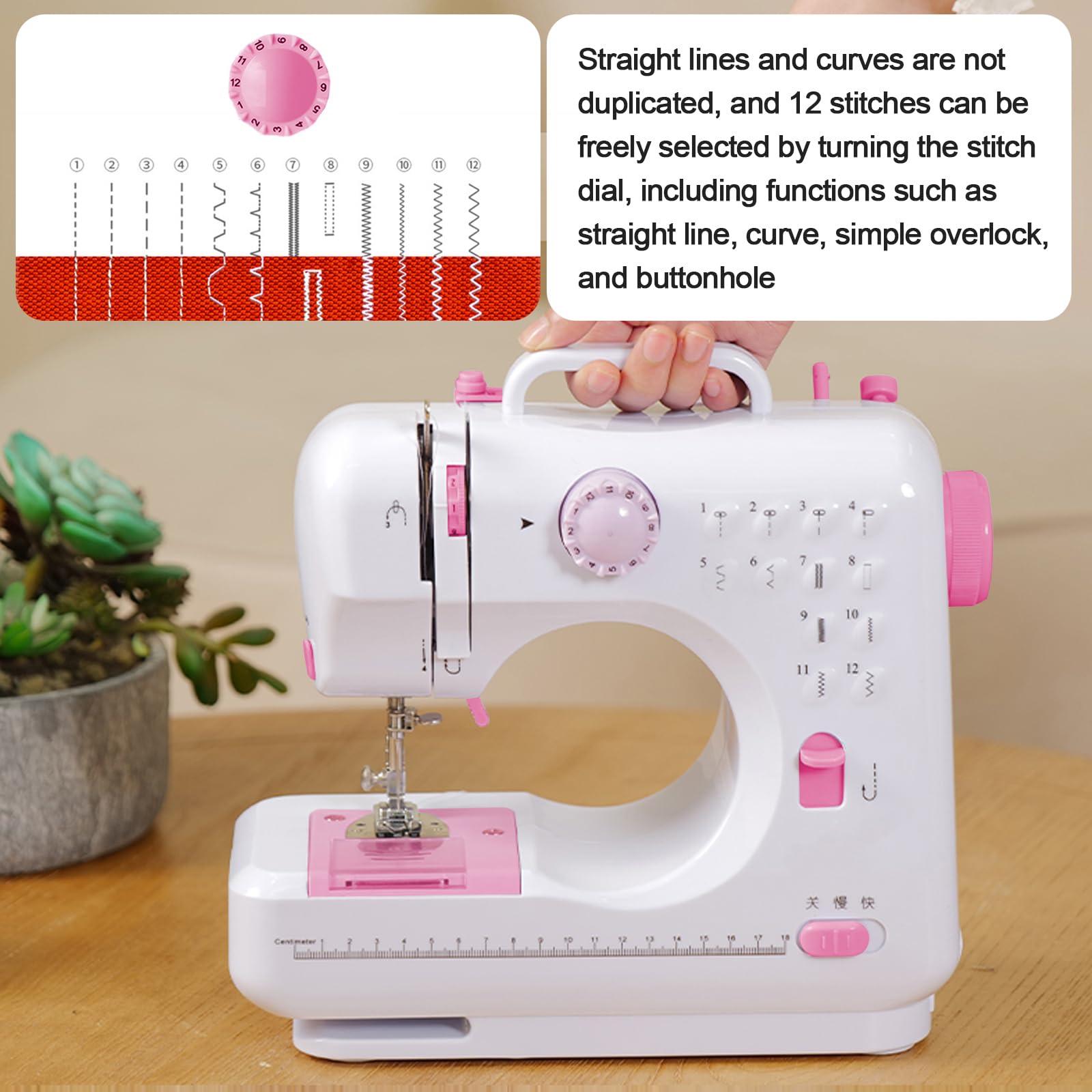 Macchina da cucire elettrica a 12 punti, 505 A, macchina da cucire automatica per uso domestico con due fili con 12 programmi di cucito da 220 V, pulsante rosa