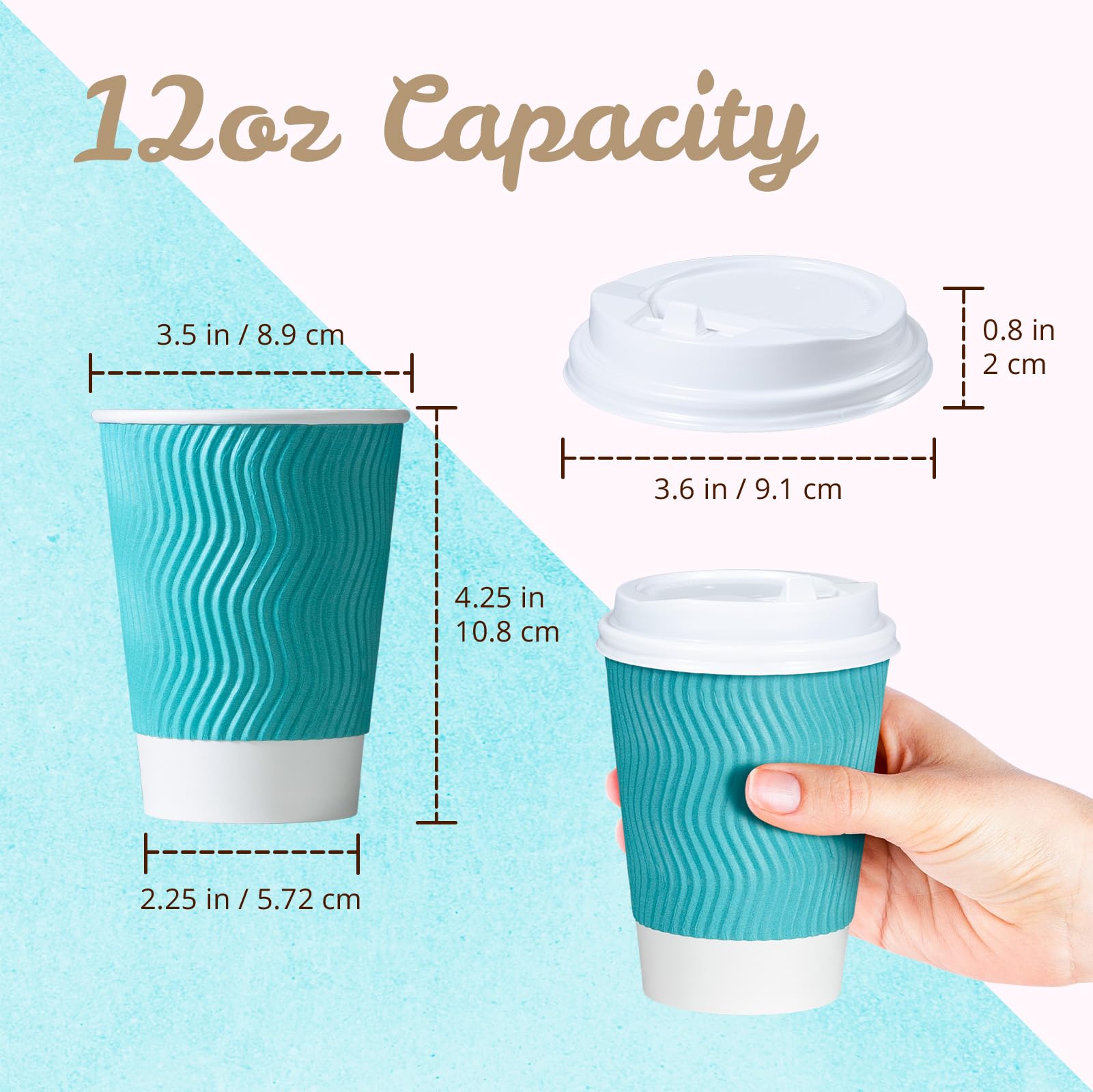 MATICAN Lot de 50 tasses à café en carton ondulé isotherme, jetables, avec couvercles, parois ondulées pour boissons chaudes ou froides, turquoise - 355 ml