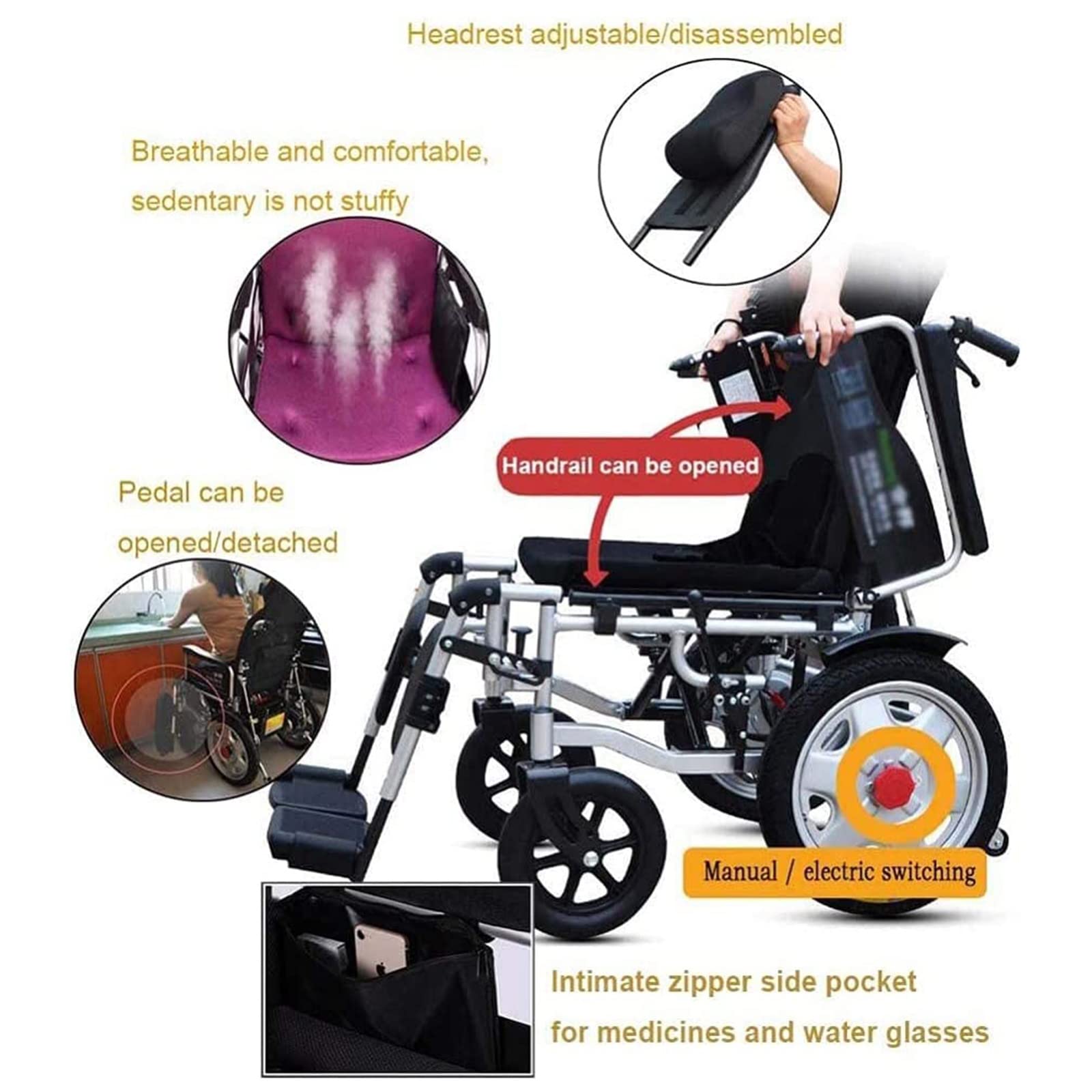 Silla de ruedas eléctrica con reposacabezas, silla de movilidad resistente, motor doble, respaldo y pedal ajustables, silla de ruedas eléctrica plegable, 12 A/20 A, funcionamiento manual o eléctrico