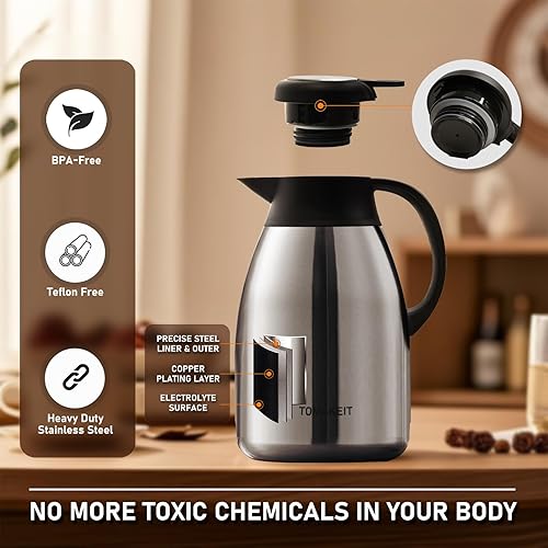 Miniatura 5 de Jarra térmica para café, 2L/68 onzas, de acero inoxidable con aislamiento al vacío, diseño de doble pared, 24 horas de calor y frío, a prueba de