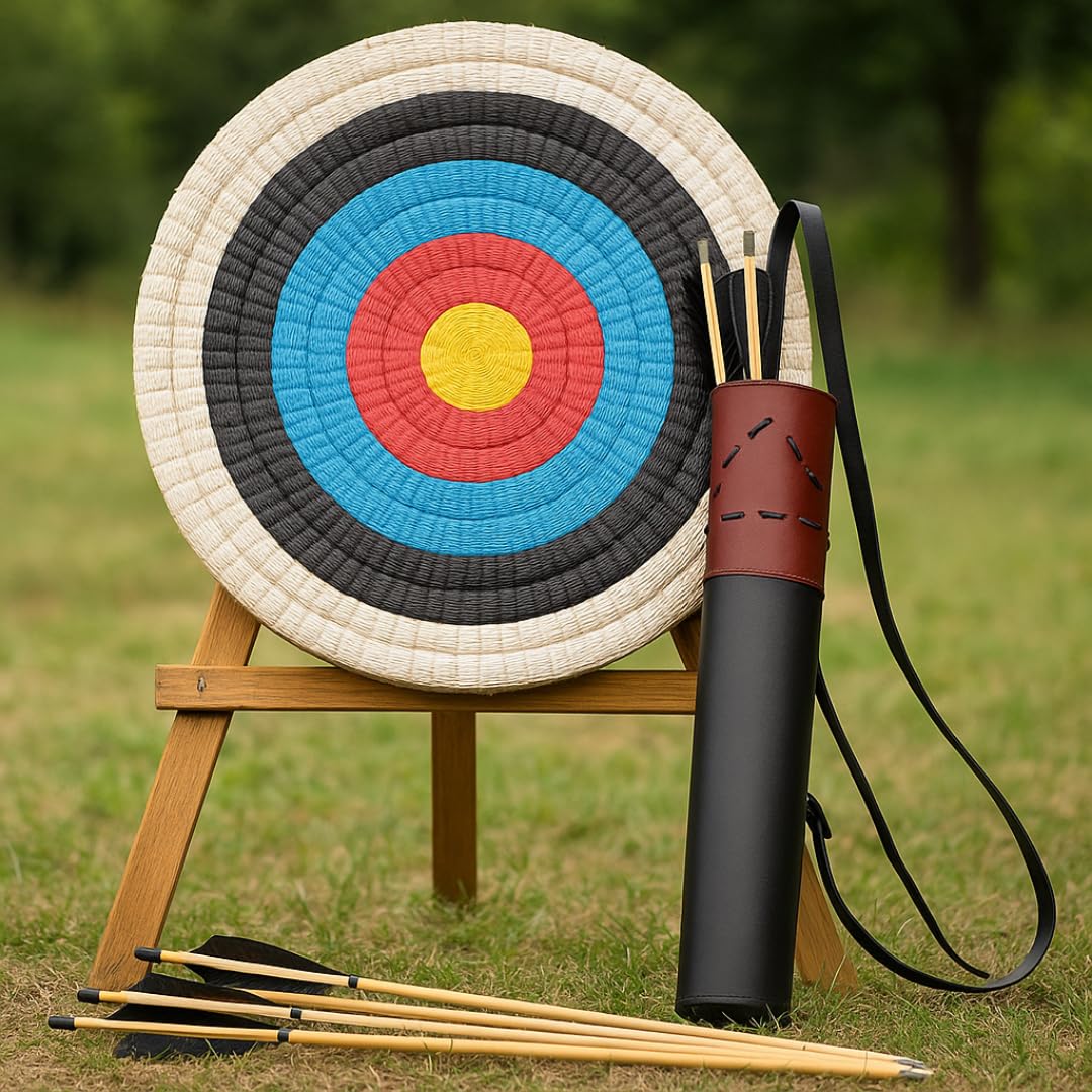 elToro Rückenköcher aus schwarzem Echtleder mit Musterstickung | verstellbarem Dreipunkt-Tragegurt, 50 cm lang, Öffnung 14 cm, Köcher für Pfeile, Bogenschießen, Recurve- und Langbogen