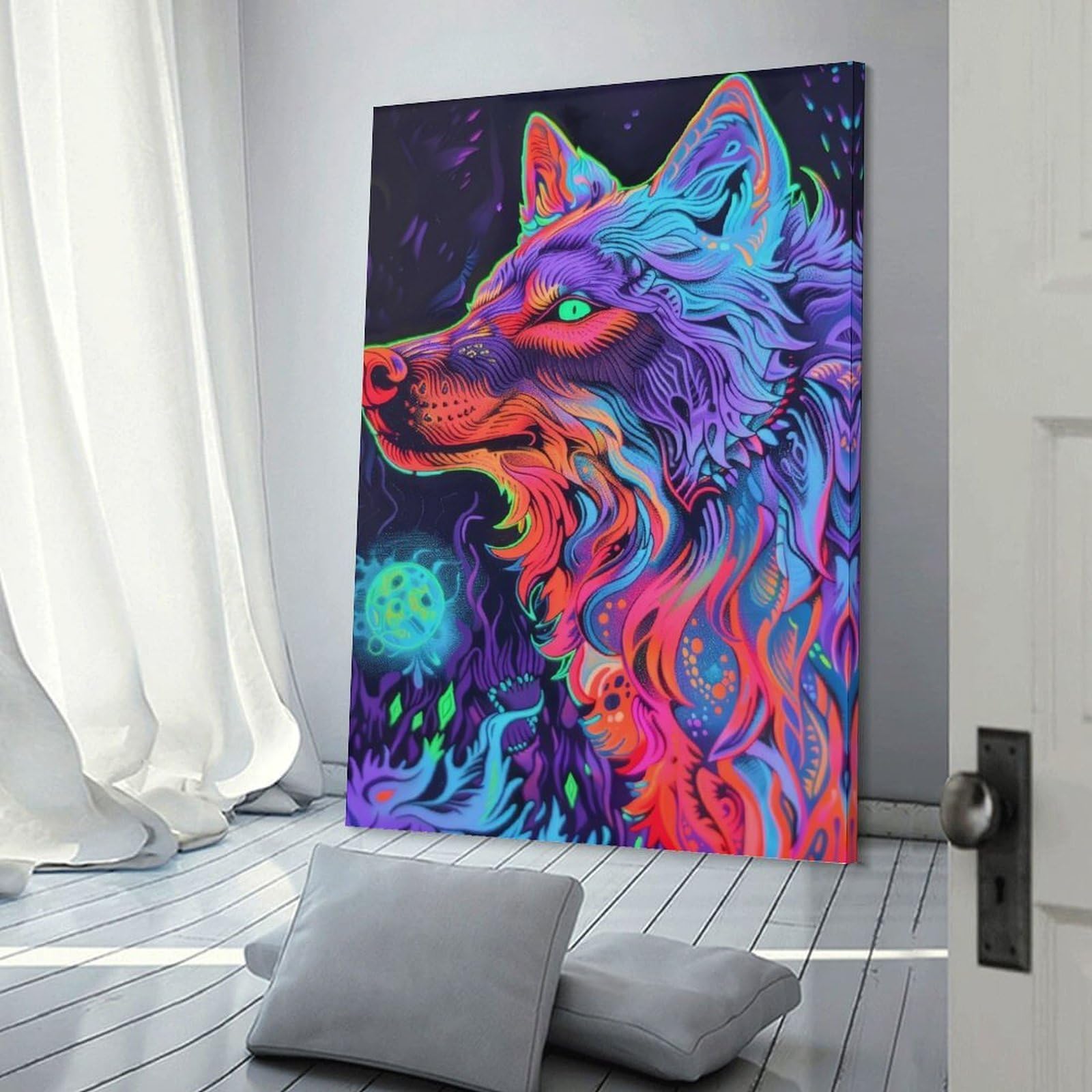 Junmoney Neon Wolf Art Print Canvas Art Print 16x24inch(40x60cm), for Bedroom Walls, Guest Spaces Or Lounges, Home Artwork with A Soft Interior Feel