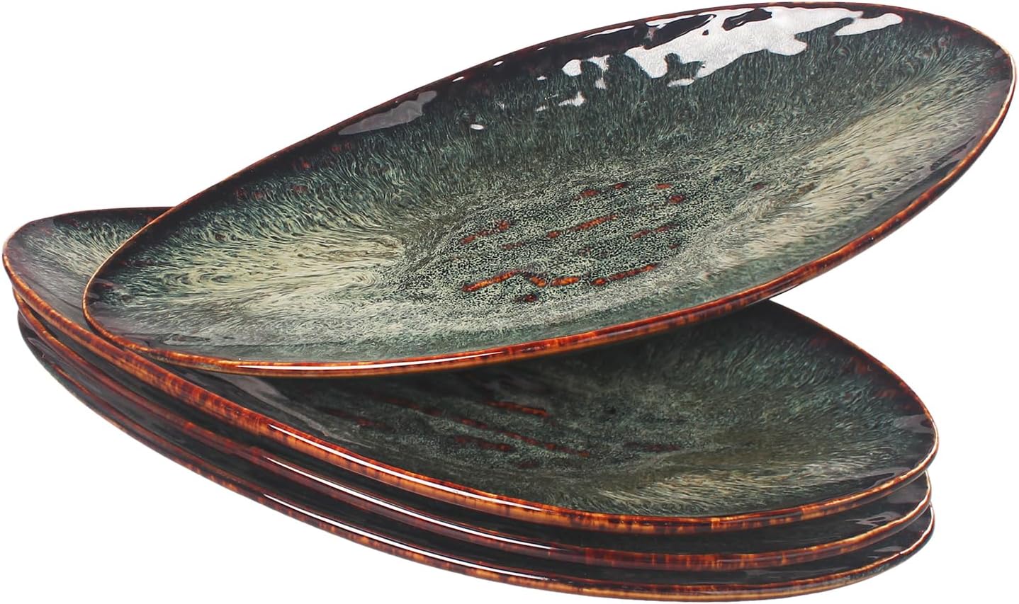 Ceramic Dinner Plates Set of 4, for Bread, Pasta, Salad, sushi - Microwave, Oven and Dishwasher Safe, Scratch Resistant durable Black reactive glaze