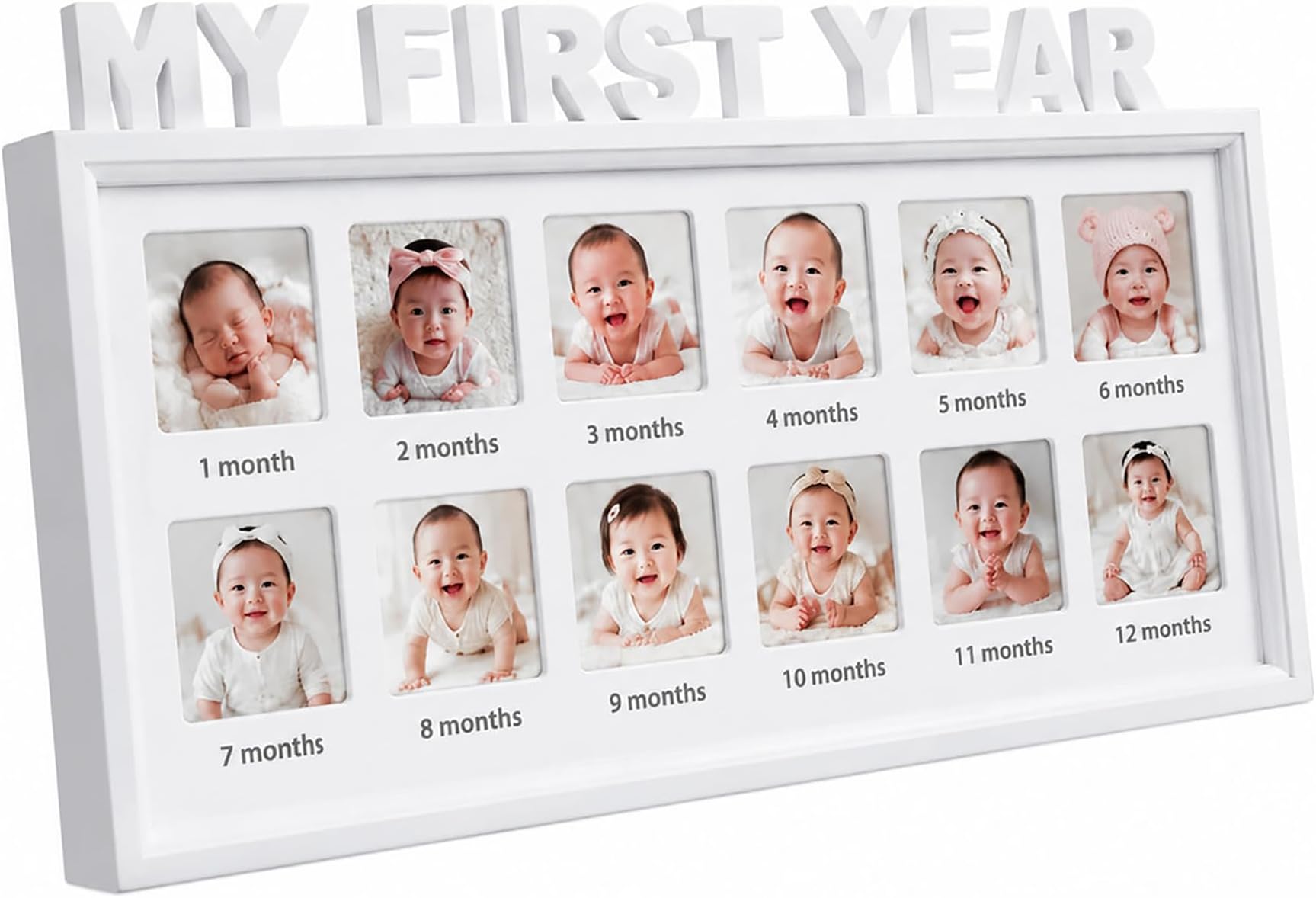My First Year Photo Frame, 12 Month Baby Milestone Display, 16x8 in | baby first year photo frame, 12 month milestone display, nursery memory keepsake, wall or tabletop baby gift