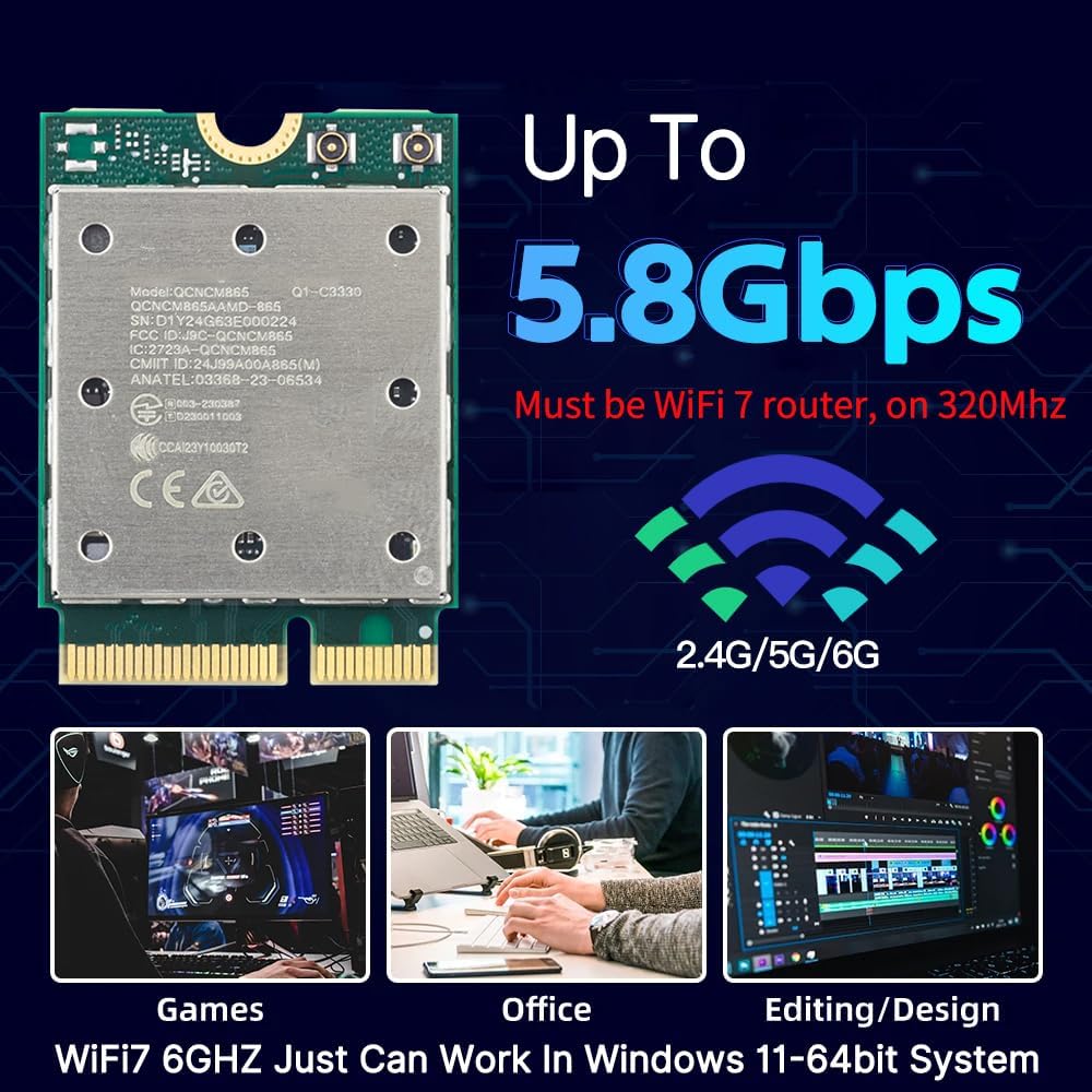 WiFi 7 Card QCNCM865-5800Mbps M.2 Key E Tri-Band (2.4/5/6GHz) with 4K-QAM & BT 5.3, for AMD Motherboards, Optimized for Windows 11 - Ultra Low Latency Network Adapter