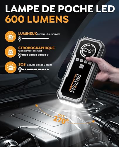 BRPOM Booster Batterie avec Compresseur, 9000A Démarreur Batterie Voiture, 160PSI Gonfleur de Pneus, 12V Jump Starter, Tout Gaz ou 10L Diesel, Écran LCD, Eclairage de Secours, Banque d'alimentation - 4