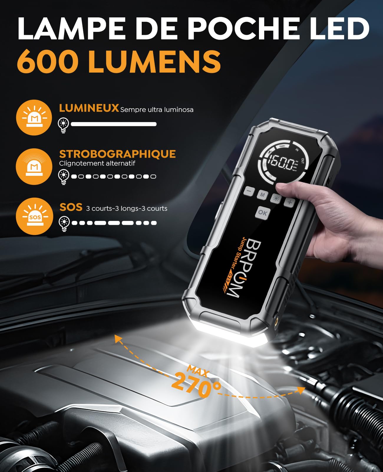 BRPOM Booster Batterie avec Compresseur, 8000A Démarreur Batterie Voiture, 160PSI Gonfleur de Pneus, 12V Jump Starter, Tout Gaz ou 10L Diesel, Écran LCD, Eclairage de Secours, Banque d'alimentation