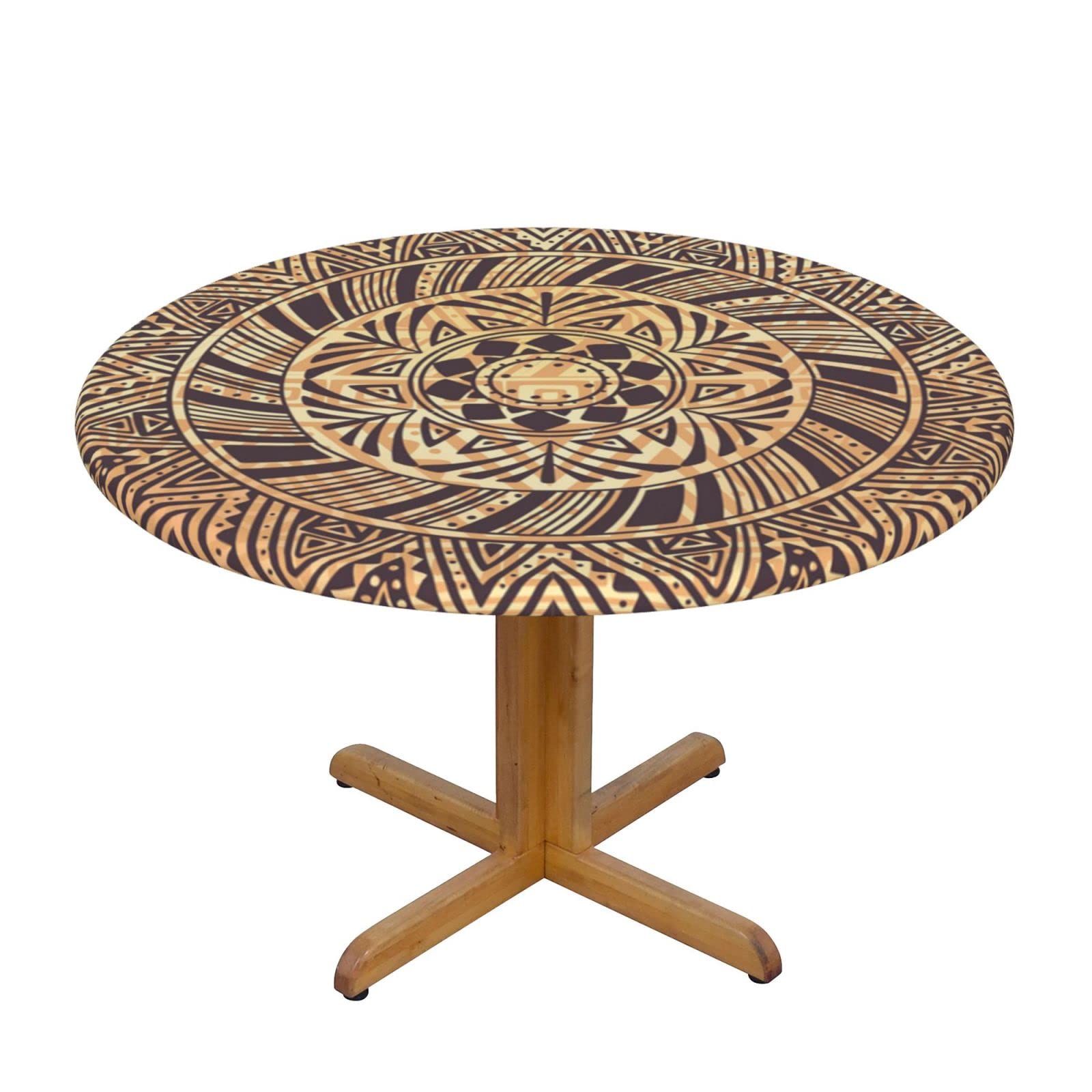 Lsjuee Round Fitted Tablecloth 40-44in Elastic Edged Table Cloth for Kitchen Dining Party Home Decor - Round Vintage Ethnic Pattern