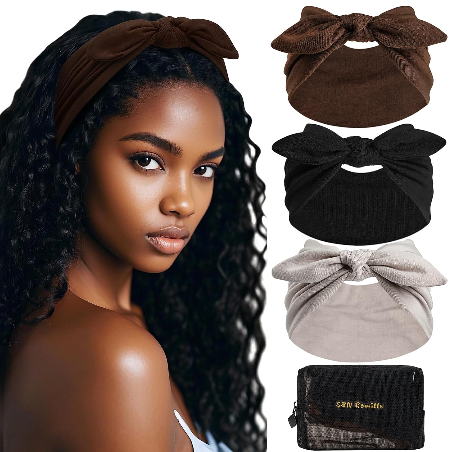 S&N Remille Wide Headbands for Women, Large Hairband, Elastic Non-Slip Headband Twist Knotted Accessories, Yoga Workout Vintage Hair 3 Pack (Multi-colored-1)