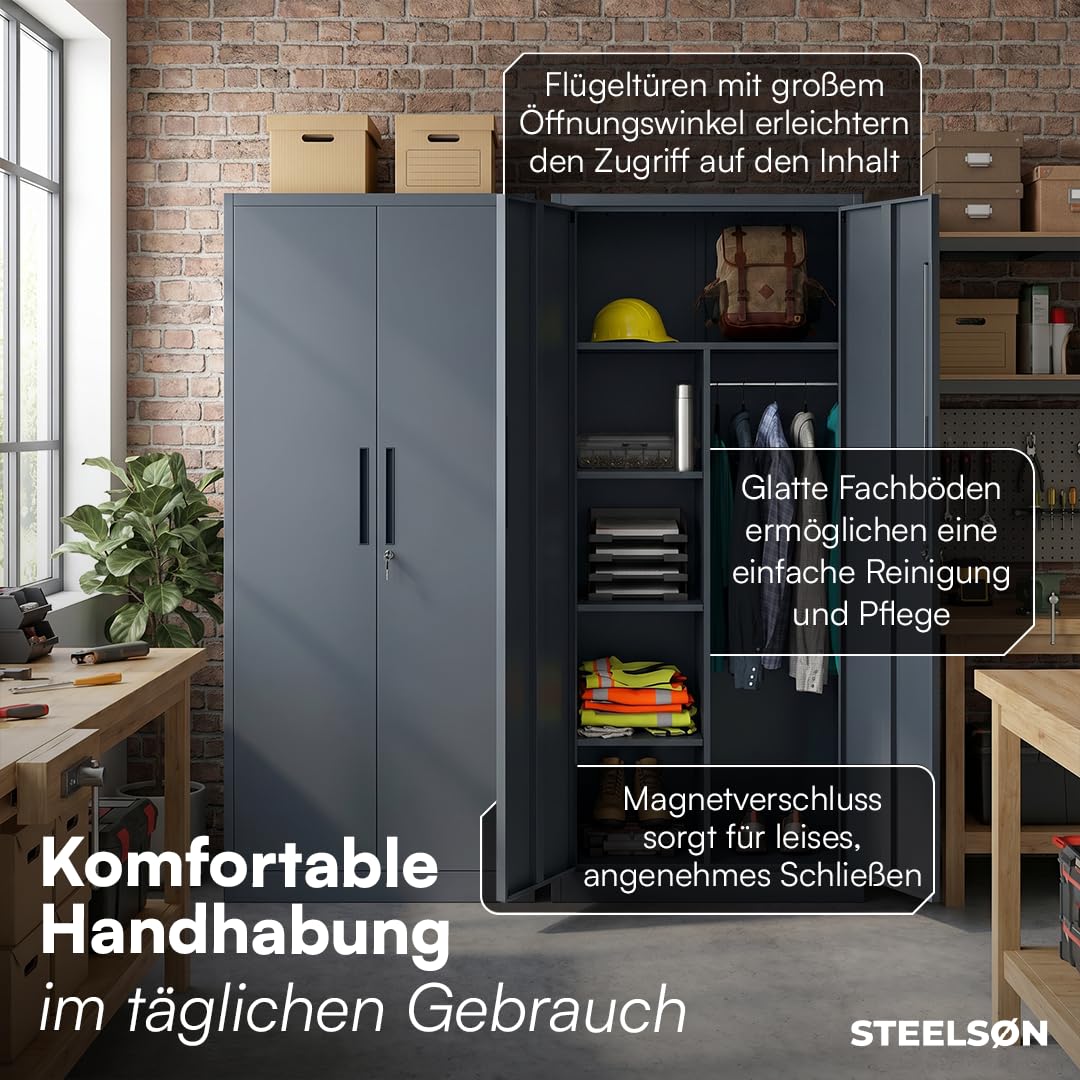 STEELSØN Regulus Metallschrank abschließbar – Garderobenschrank mit 6 Fächern und 1 Kleiderstange – Spind Schrank mit Doppeltüren – Mehrzweckschrank Anthrazit – Kleiderschrank Metall 175x40x80 cm