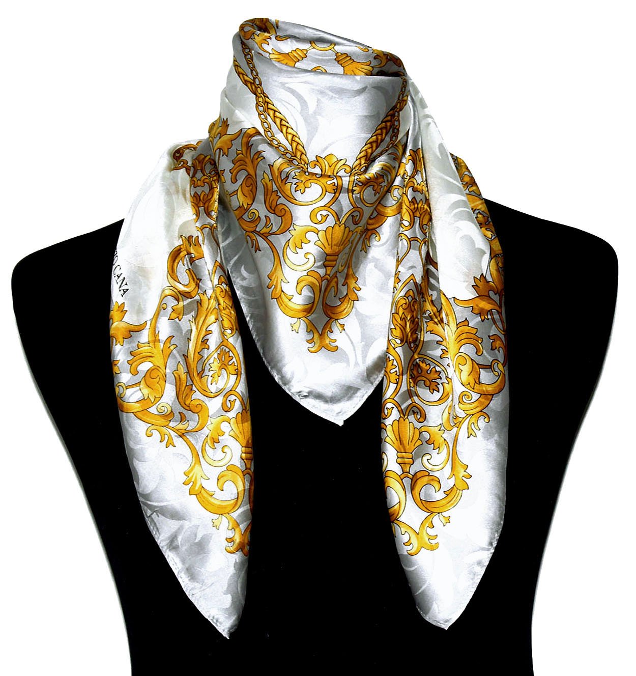 LORENZO CANA Foulard damas de 100% soie pour la femme – écharpe damas, carré avec les mesures de 88 x 88 cm - un bijou noble pour le printemps et l´été – brillant en argente gris blanc or