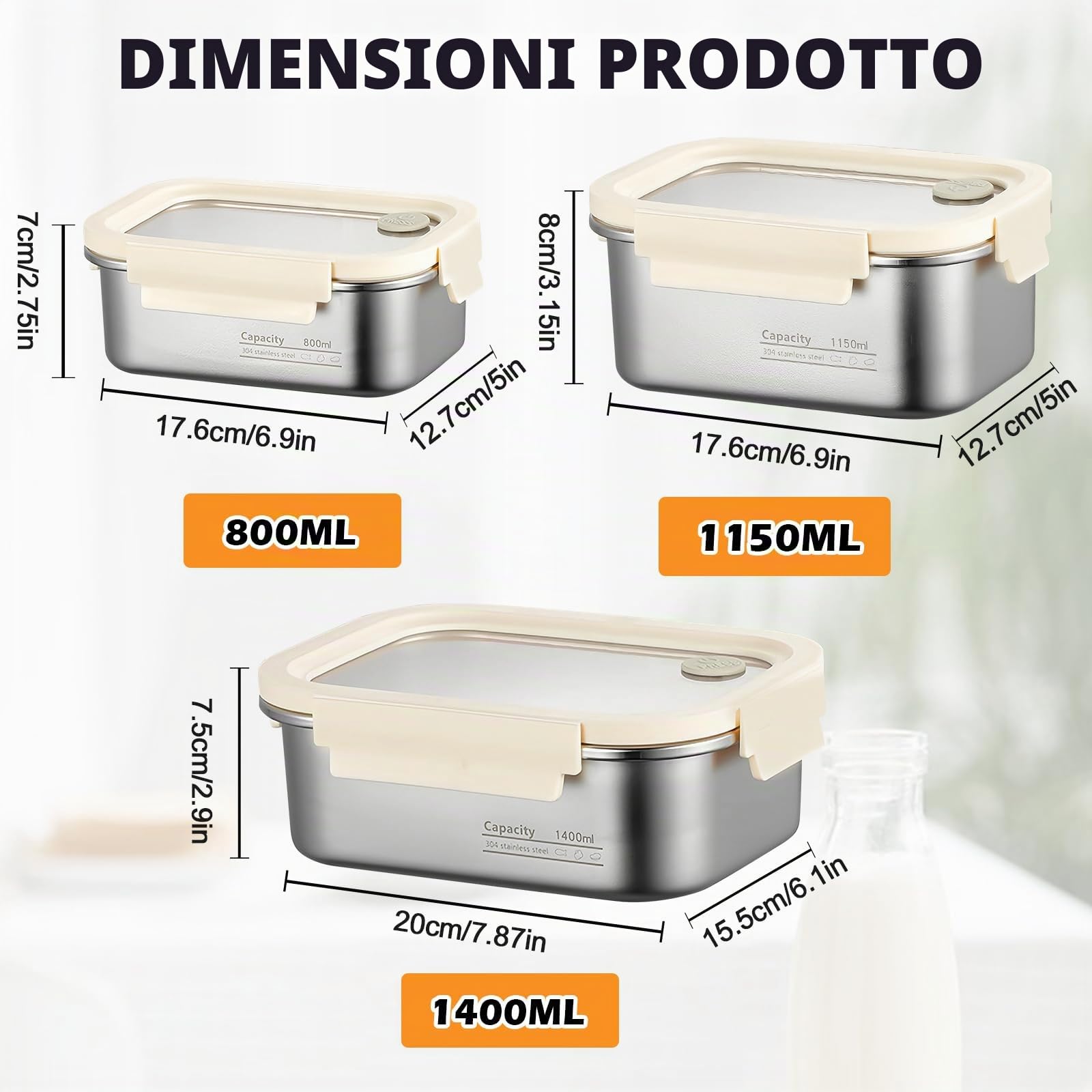 PORFOYO Set di 3 contenitori salvafreschezza con coperchio, 800 ml/1150 ml/1400 ml, in acciaio inox con coperchio trasparente, ermetici e a prova di perdite
