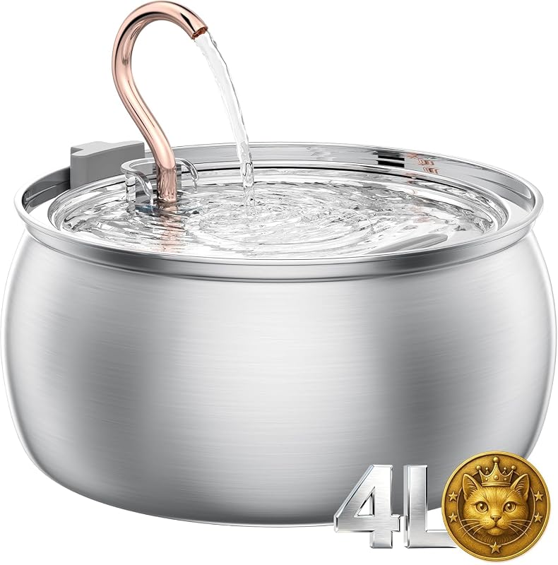 Fonte de água para gatos tomxcute em aço inoxidável 304, 4 L, prata