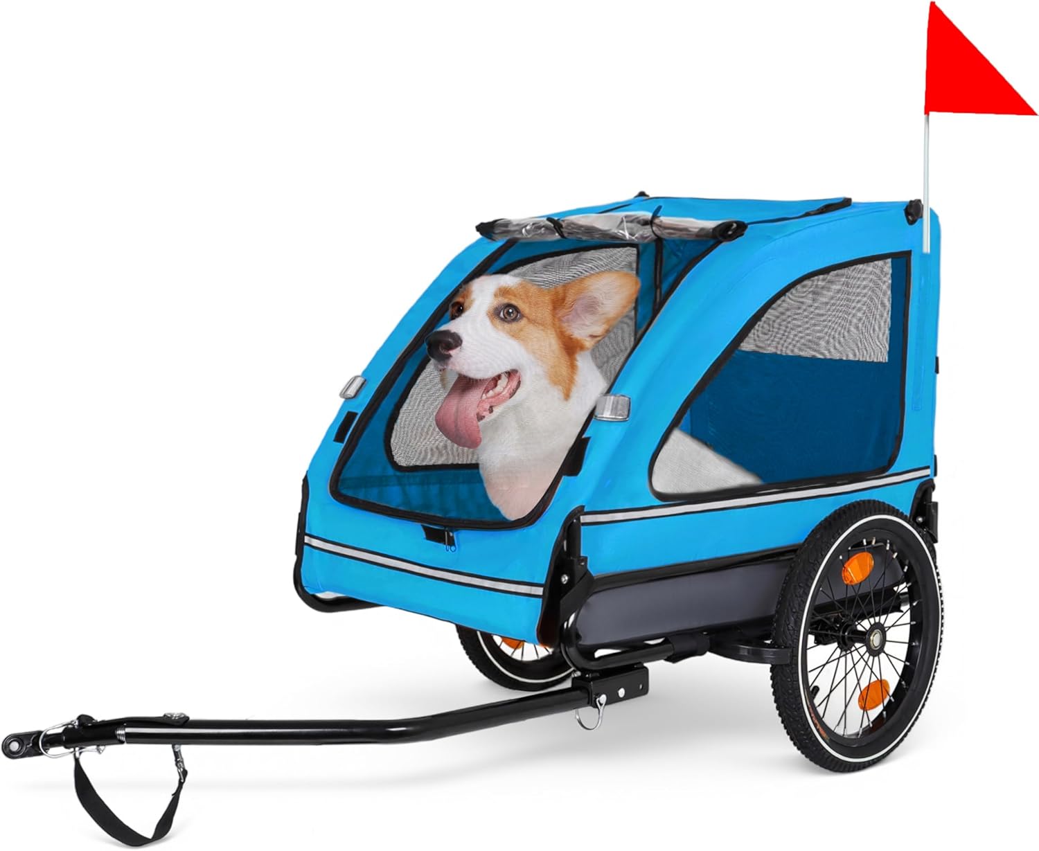 Pet Bike Trailer for Dogs: Blue Folding Pet Cart with Mesh Windows & Safety Flag - Steel Frame Bicycle Trailer for Urban Couples & Medium Pets Weekend Cycling Dates