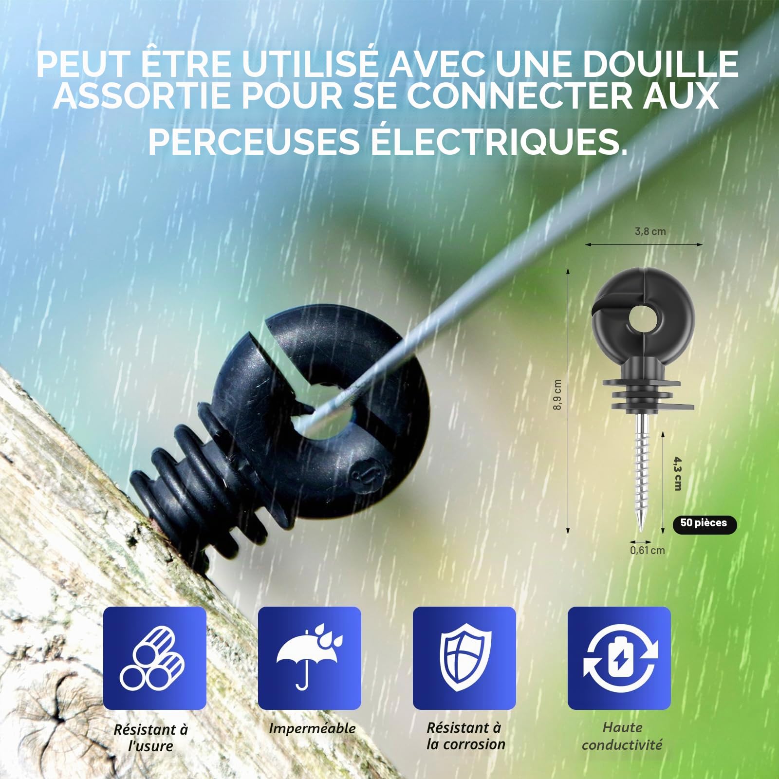 Corde pour Clôture Électrique, Fil Électrique Polyfile, 6 Brins Acier Inoxydable + 15 Brins PE, Corde Conductrice Bleu et Blanche (200m) + 50 Isolateurs + 1 Guide de Vis