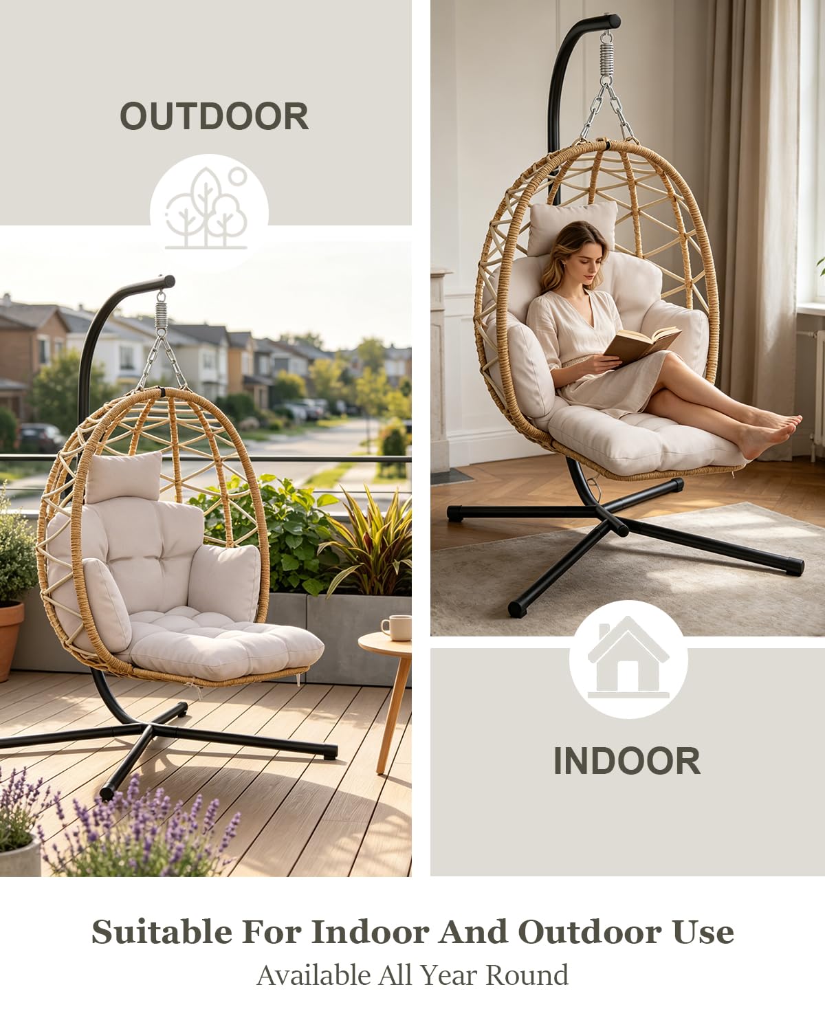 Hängesessel mit Gestell Outdoor, Hängekorb Sessel mit Fußablage und Dicke Kissen, Rattan Hängesessel mit Metallgestell, Hängestuhl für Indoor, Garten, Balkon, Terrasse, Bis 150kg