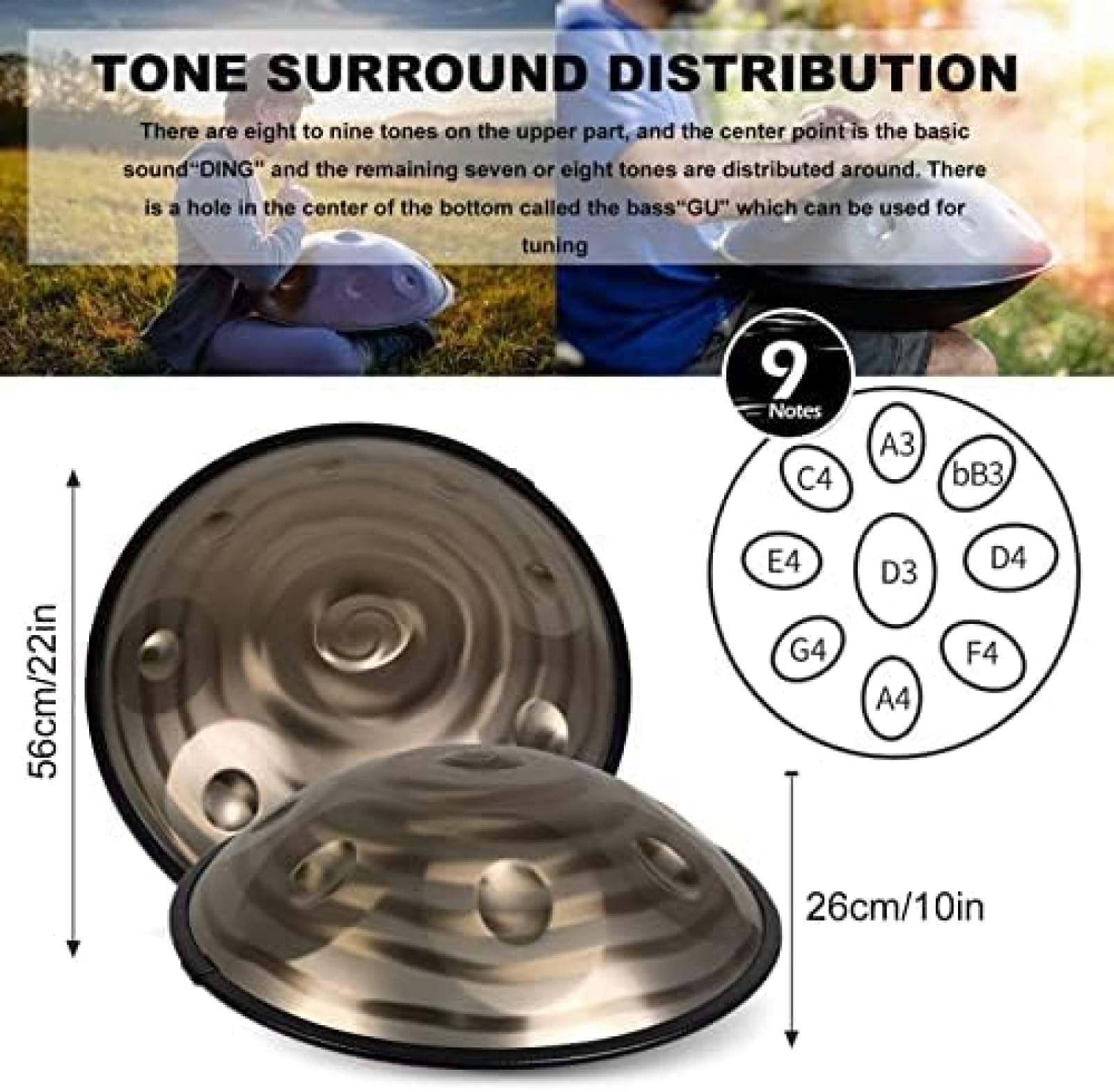 Handpan Steel Drum 22 Zoll, 9 Noten In D-Moll (440 Hz) – Inkl. Ständer, Tasche & Schlägel, Meditativer Klang!