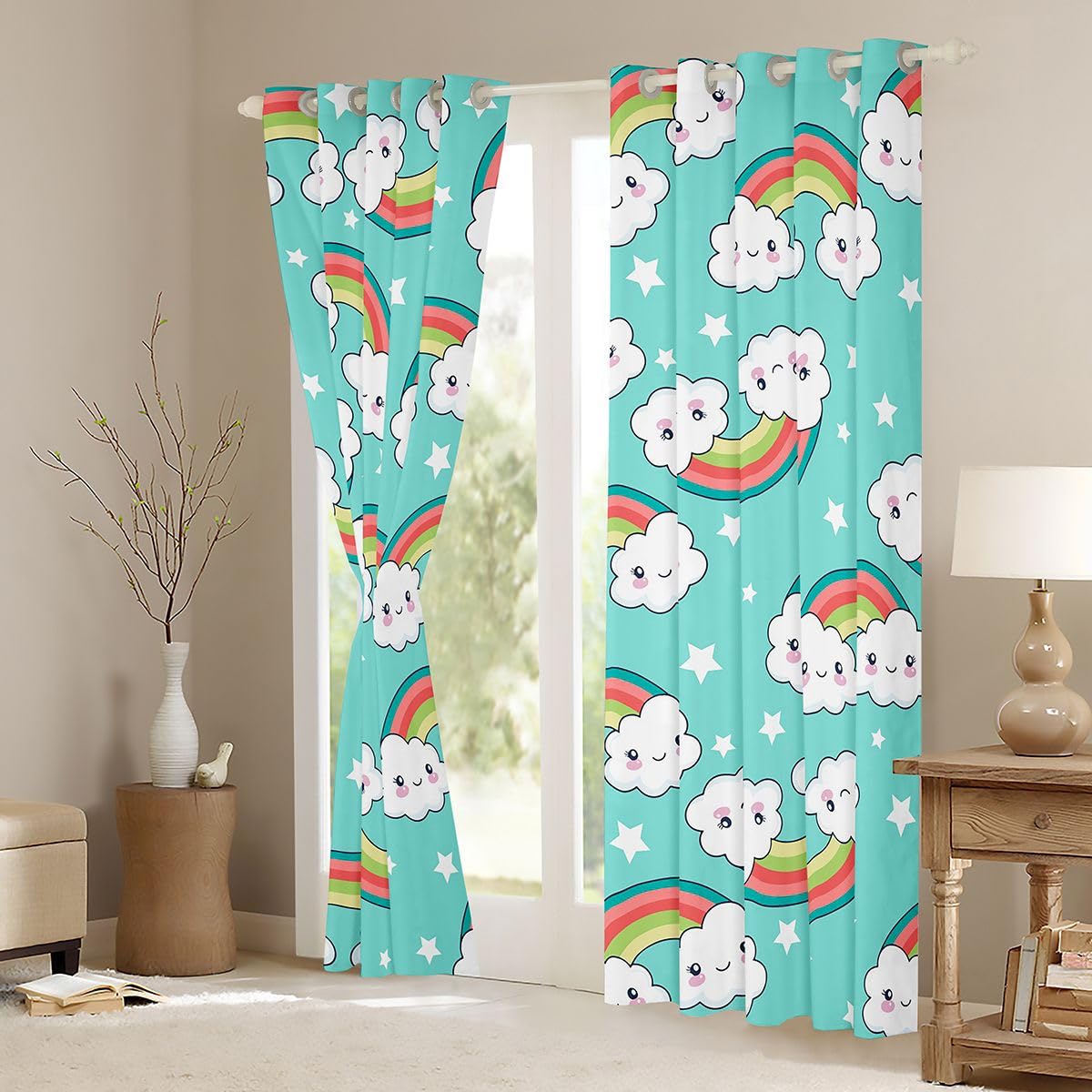 Homewish Rideau Occultant 117x183 cm Arc-en-Ciel,Rideau Nuages,Rideaux Voilage Enfants Garçons Filles Étoiles Imprimer Mignon Carton Nuage,Voilage Fenetre Kawaii Princesse de Rêve Tael pour Chambre