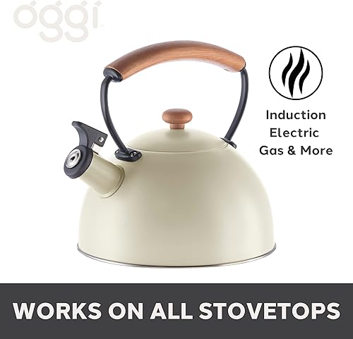Miniatura 9 de OGGI Hervidor de té para estufa, 85 onzas/2.5 litros, acero inoxidable con silbato fuerte y mango de madera que se mantiene fresca, hervidor de agua