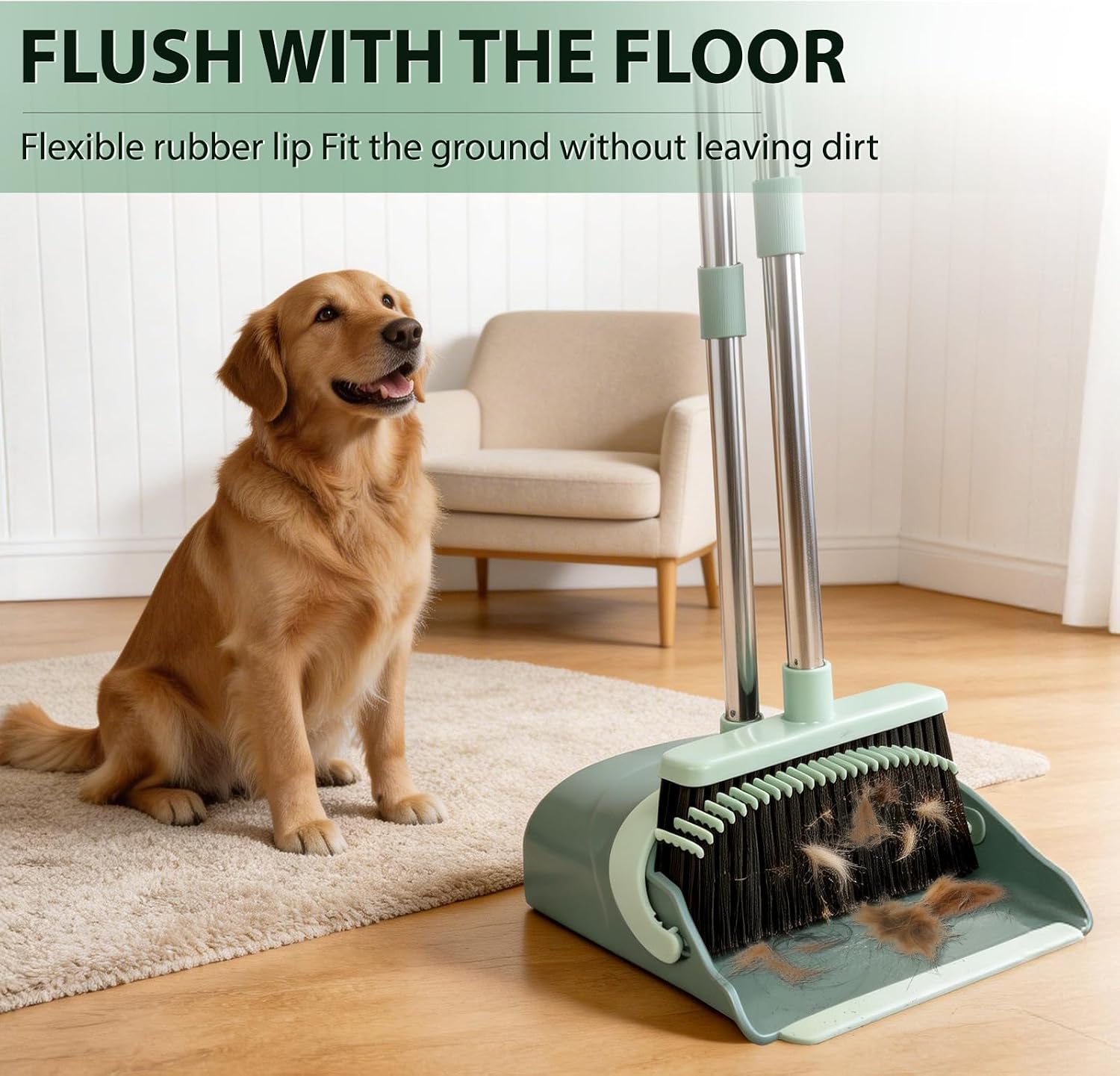 YZO Broom and Dustpan Set, 54.33 Inch Long Handle Standing Design, Dustpan Front Rubber Tight Seal, Broom with 5 Layer Bristles, Suitable for Living Room, Bedroom, Yard, Office and Apartment(Green)