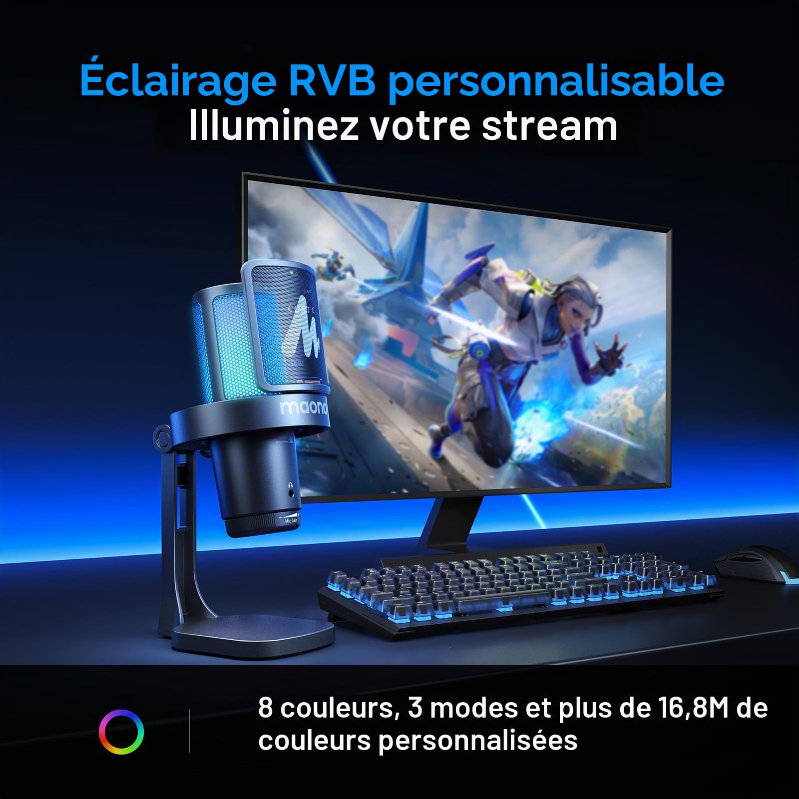 MAONO DGM20W Micro Gaming sans Fil pour PC, Micro USB & 2,4 GHz pour Streaming avec Éclairage RGB, Réduction du Bruit, Logiciel, Tap-to-Mute & Monitoring en Temps Réel pour Gaming, Twitch & Discord