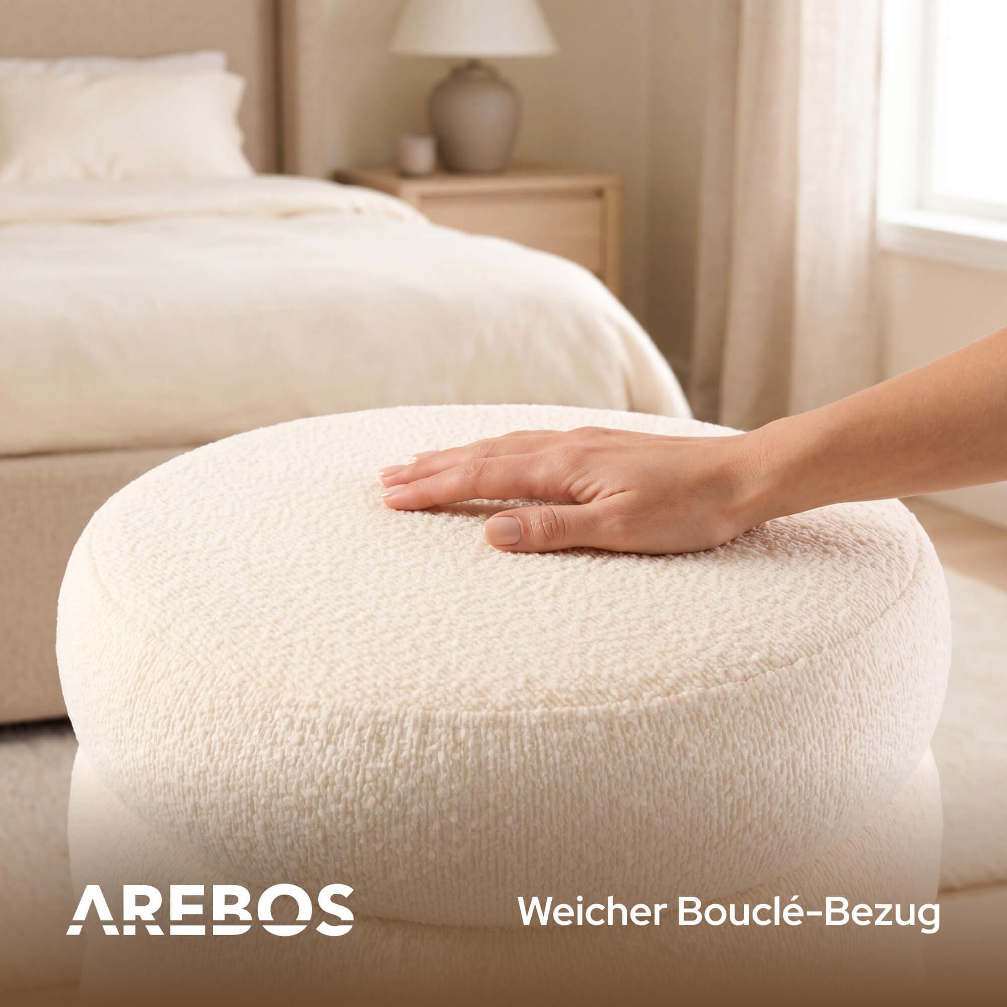 Arebos Sitzhocker mit Stauraum Ø42cm | Bouclé Polsterhocker rund | 120kg