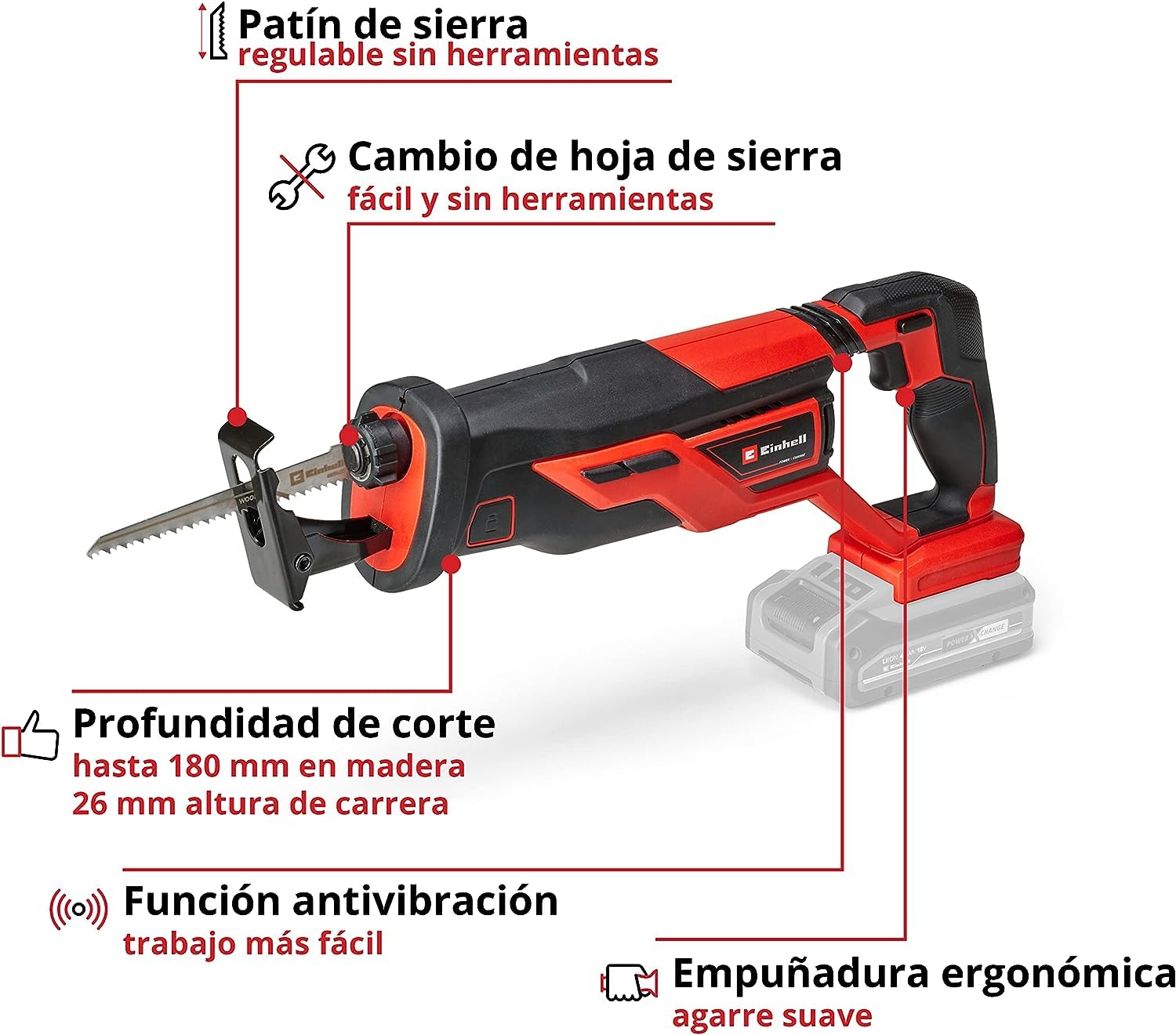 Einhell Sierra universal con batería TE-AP 18/26 Li-Solo Power X-Change (18V, 26 mm altura de carrera, 18 cm profundidad de corte en madera, incl. hoja de sierra, alcance sin batería ni cargador)