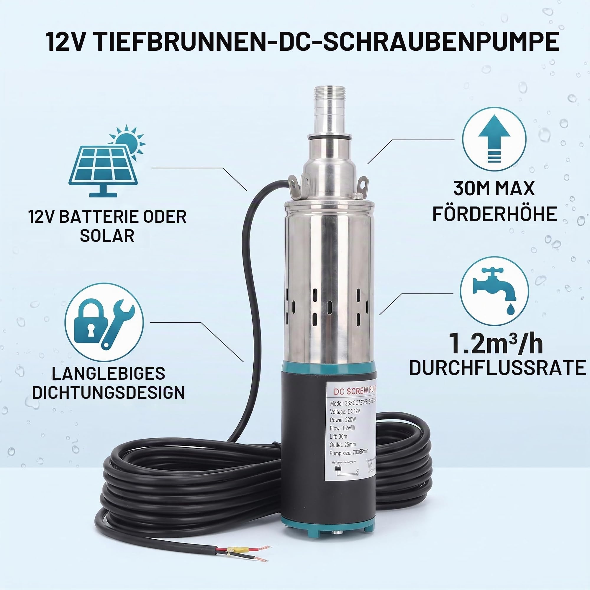 12 V DC Tauchbrunnenpumpe, Edelstahl-Tiefbrunnenpumpe, Bewässerungspumpe mit 7 M Netzkabel und 1-Zoll-Hakengelenk, Ideal für Bauernhof, Ranch und Zuhause