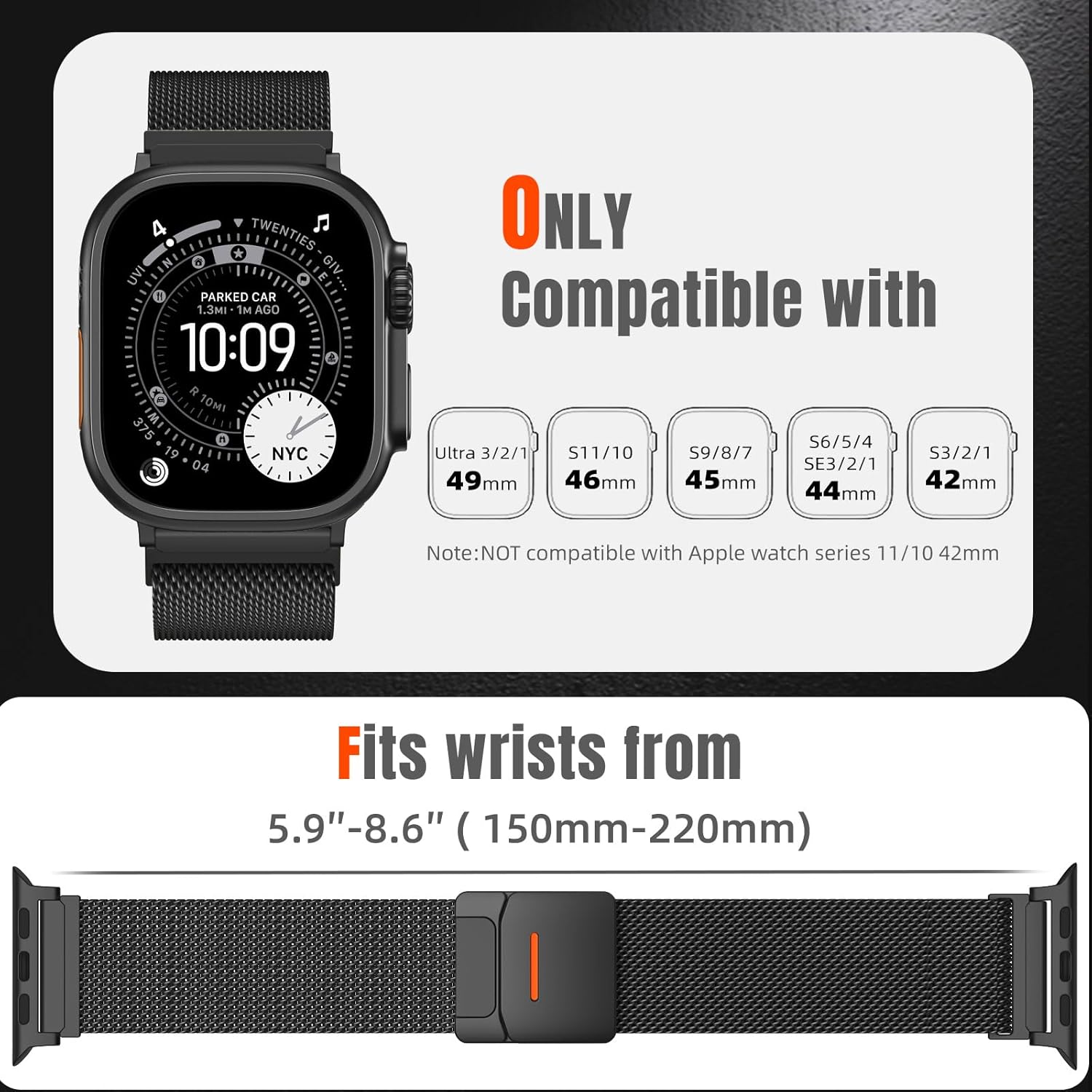 Adorve Metal Bands Compatible with Apple Watch Ultra 3/2/1 Band 49mm 46mm 45mm 44mm 42mm Men, Magnetic Stainless Steel Mesh Metal Sport Milanese Loop for iWatch Bands Series11 10 9 8 7 6 5 4 3 SE3/2/1 - Image 6