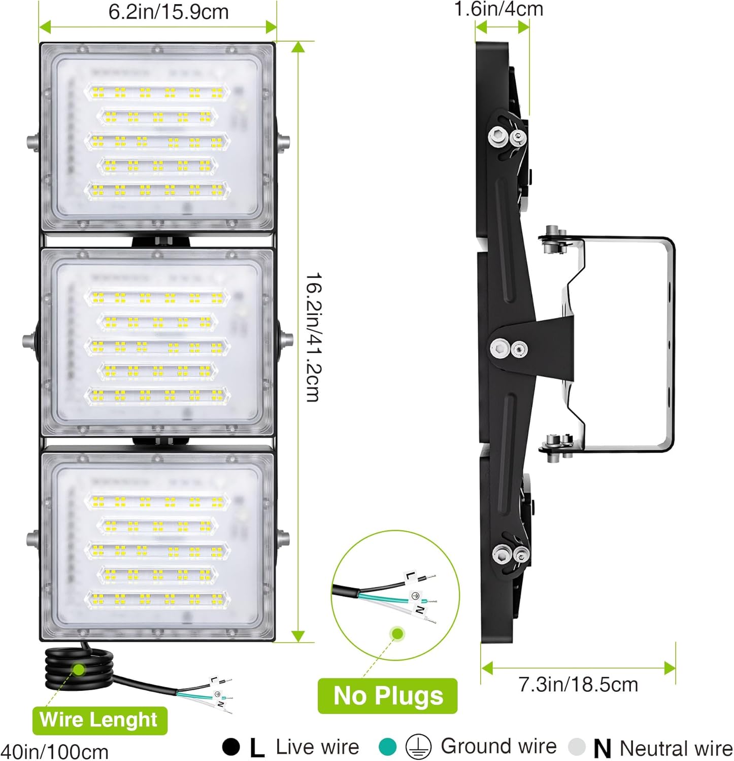 LED Flood Light Outdoor, STASUN 150W 15000lm 6000K Daylight White IP66 Waterproof, Commercial Parking Lot Light,3 Heads for Yard Street Stadium House Floodlight Bright Security Lights for Outdoor Area