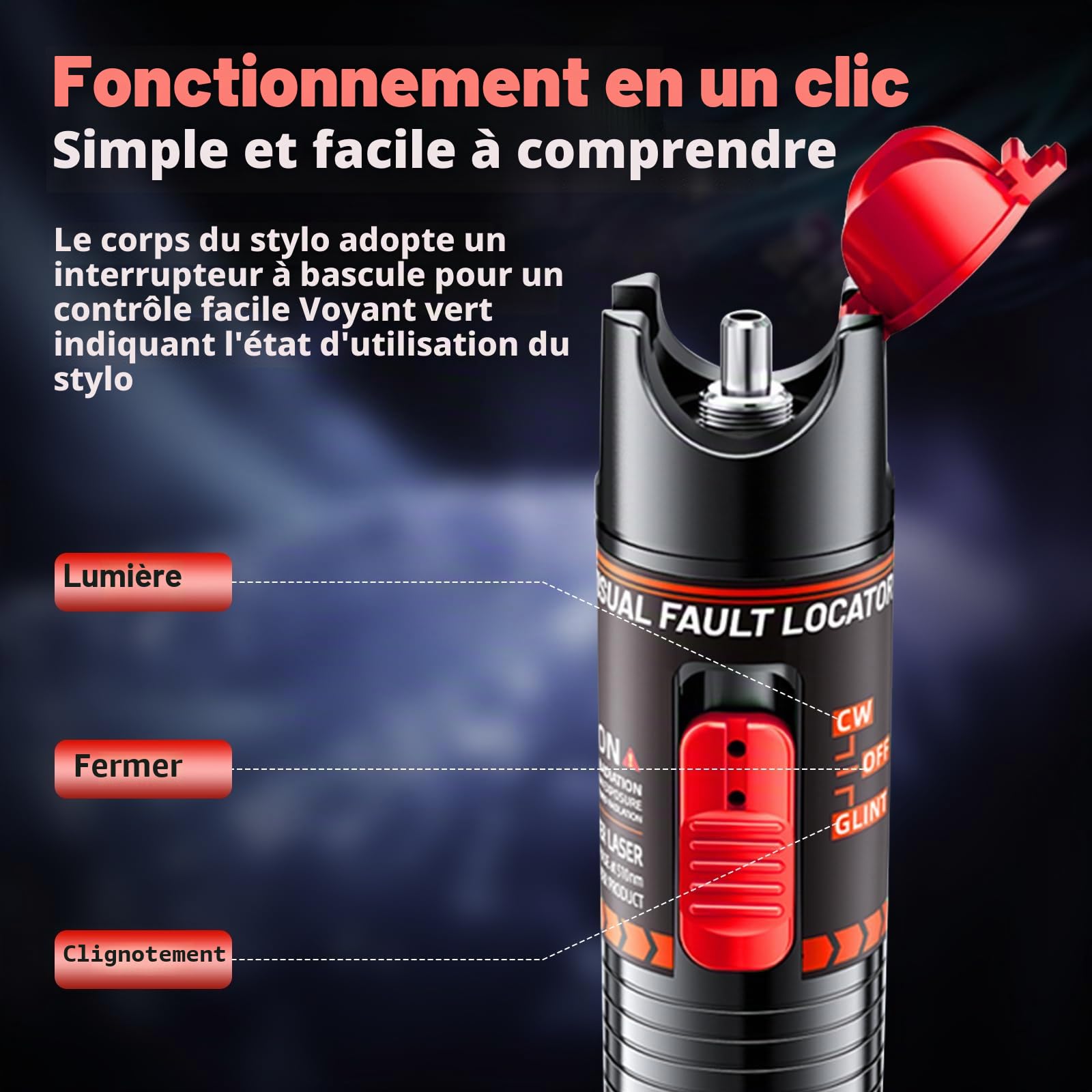 100 mW Localisateur de Défaut Visuel Testeur de Stylo de test de câble optique rechargeable de 2,5 mm FC/SC/SF, adaptateur FC mâle vers LC femelle, 100–120km VFL, stylo à lumière rouge