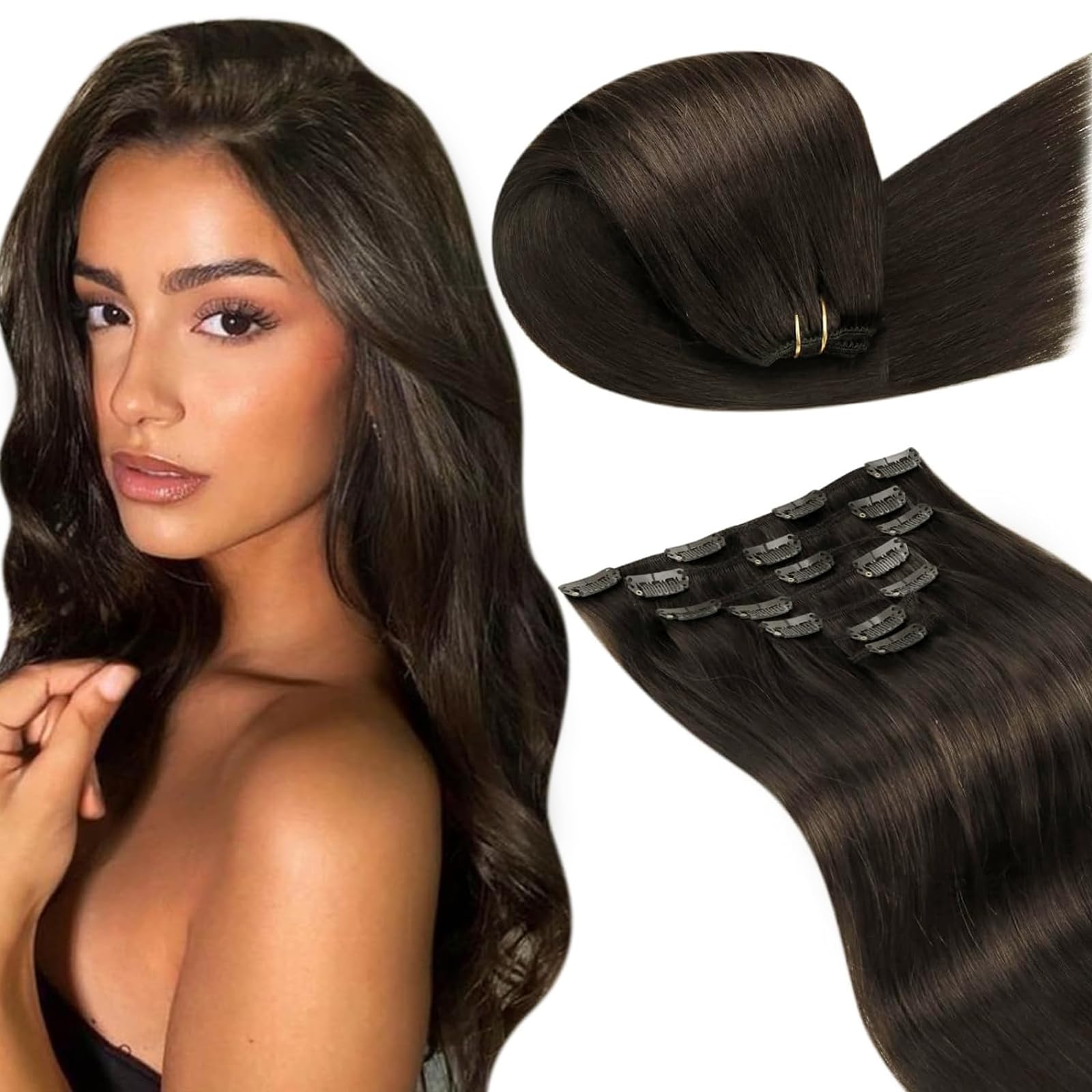 LaaVoo Extension Capelli Veri Clip 7pcs 120g 35cm Marrone Scuro Extension Clip Capelli Veri Lisci Estensioni Dei Capelli Umani Reali #2