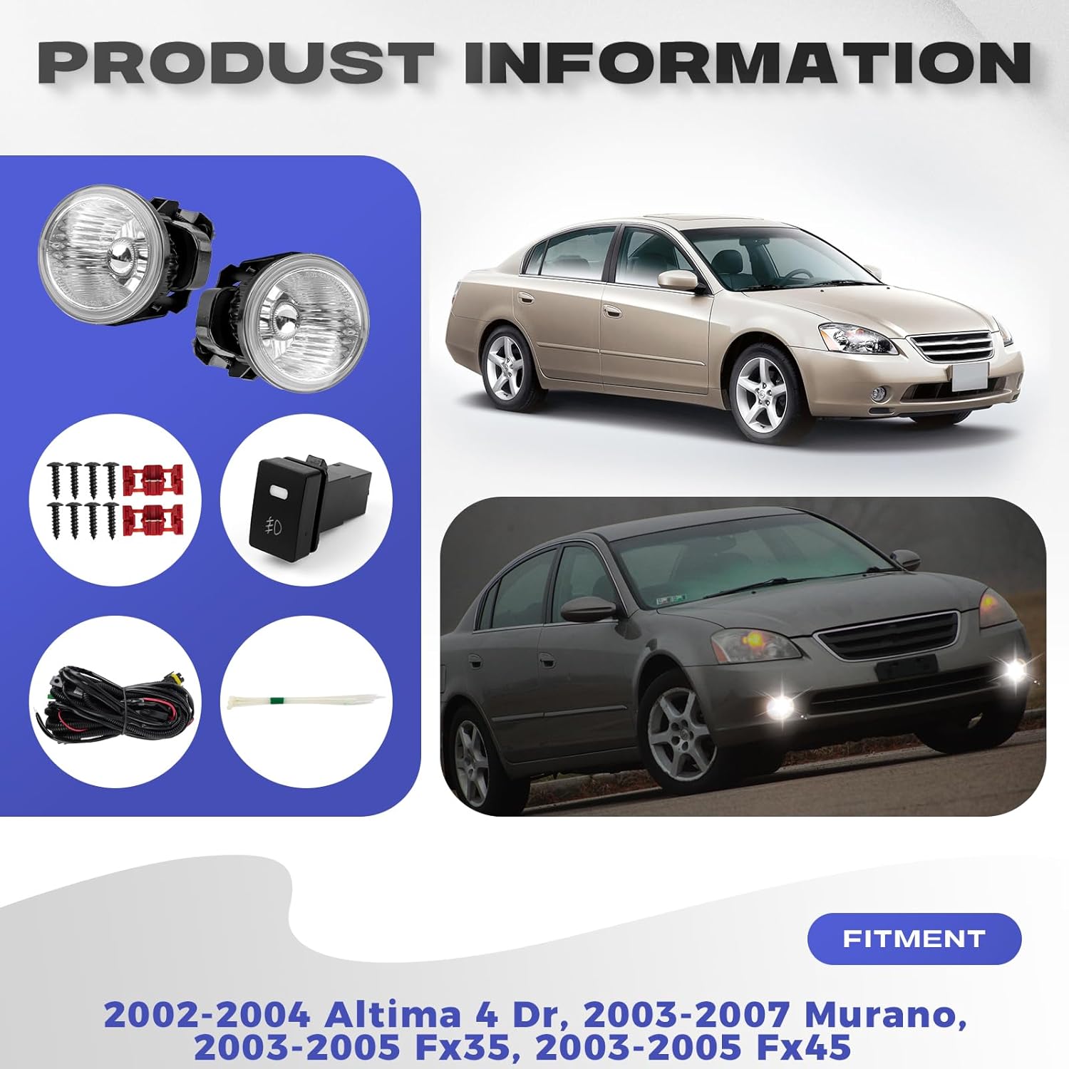 RP Remarkable Power, Fog Lights Fit For 2002-2004 Altima/2003-2007 Murano/ 2003-2005 FX35& FX45 Clear Lens Driving Bumper Fog Lamps with Wiring Harness& Switch Assembly -FL7061