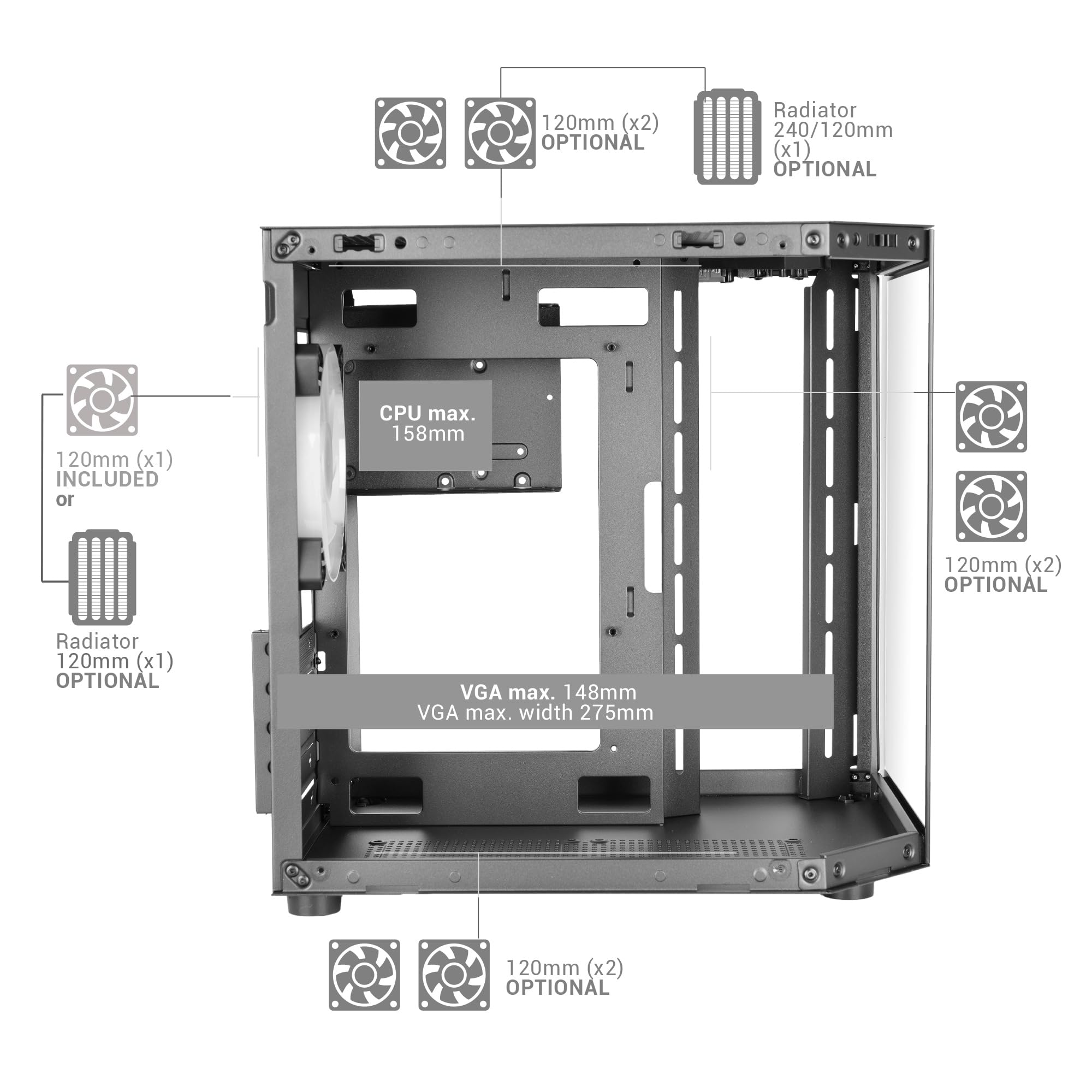 Mars Gaming MC-3TLITE, Boîtier Gaming MicroATX, Triple Verre Trempé Continu, Ventilateur Arrière FRGB 120mm, Structure à Double Chambre, Mini Tour PC Compacte avec Grande Capacité Interne, Noir