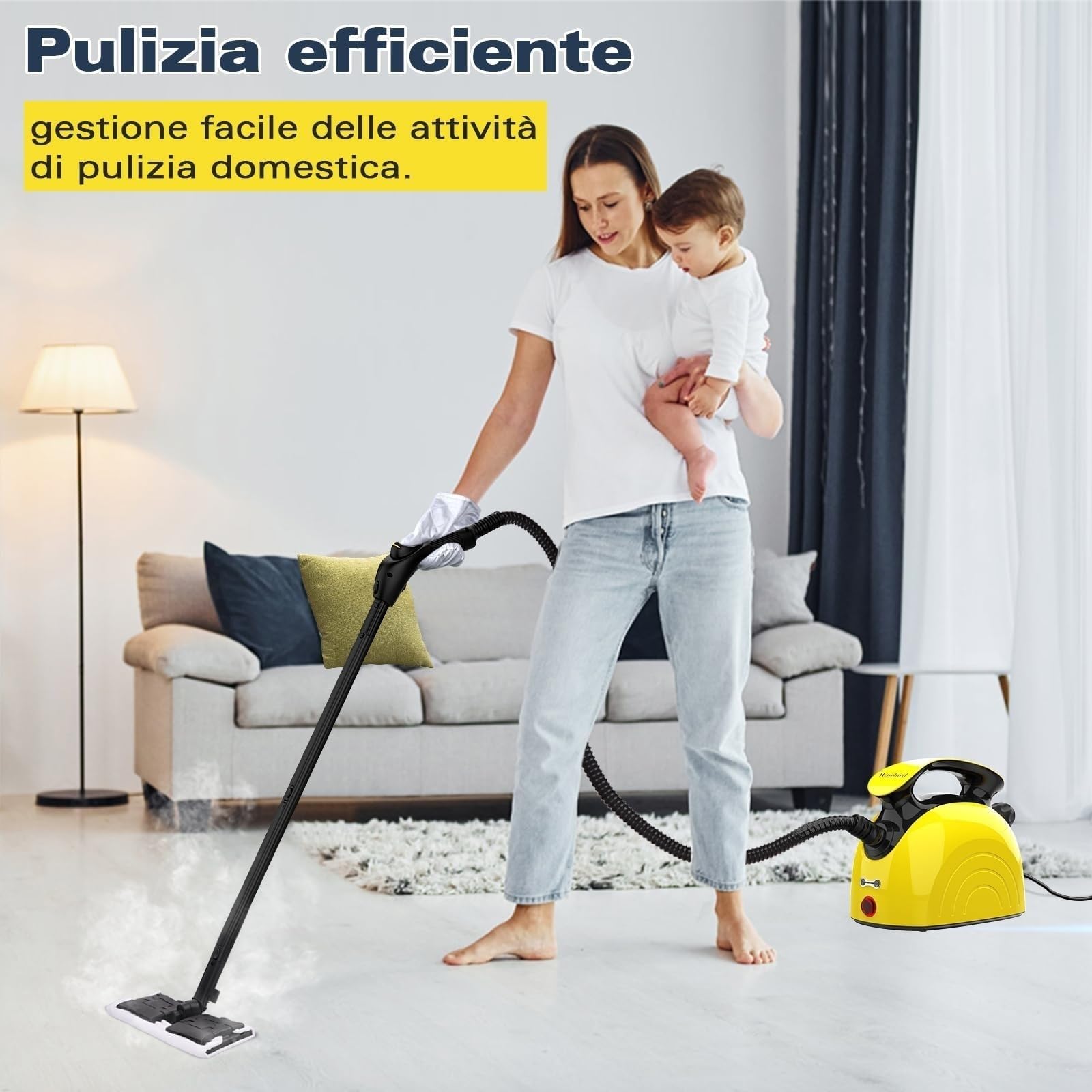 Waitbird Pulitore a vapore multifunzione per la casa, 4,5 bar ad alta pressione e 120 °C, 1500 W, riscaldamento rapido in 5 minuti, serbatoio da 1100 ml, 21 accessori, per pavimenti, divano