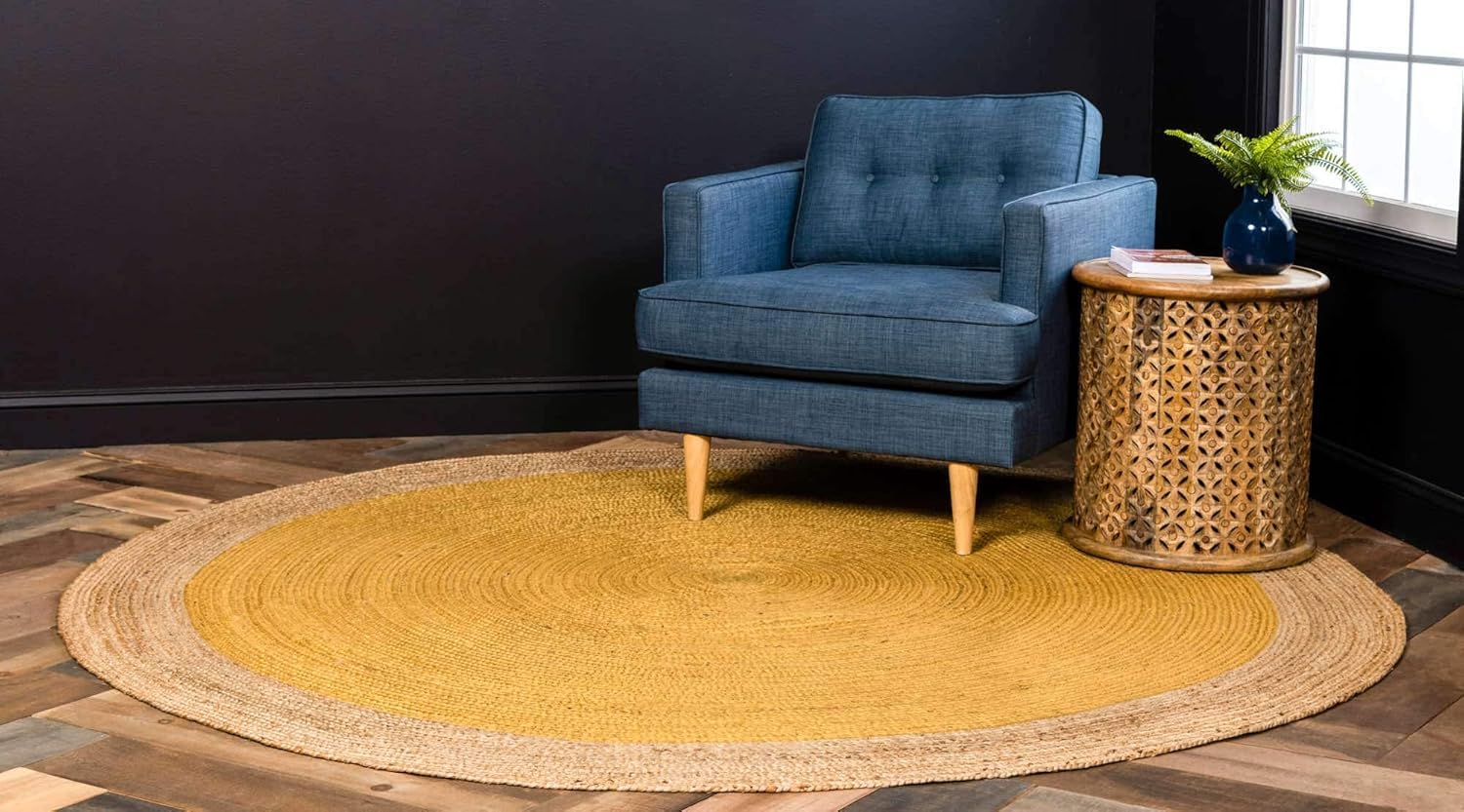 Handmade Braided Inner Yellow Natural Jute Area Rug, Home Décor Rug, Jute Rug for Bedroom, Dining Room, Living Room, Doormat Rug Size - 3' Round (90 cm x 90 cm) — image 1