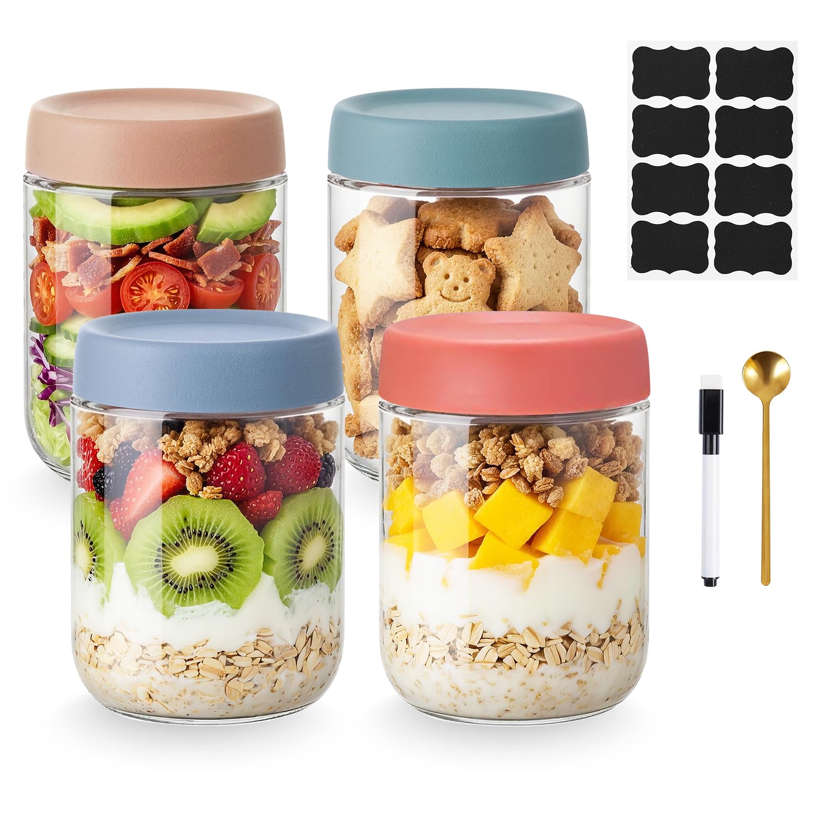 Bayseun Overnight Oats Jars, 4 Pack 500ml/16oz Glass Jar with Screw Lid Leakproof Overnight Oatmeal Container, Salad Jars, Yogurt Pot, for Homemade Cereals Milk Fruit Condiment Dressing (D)