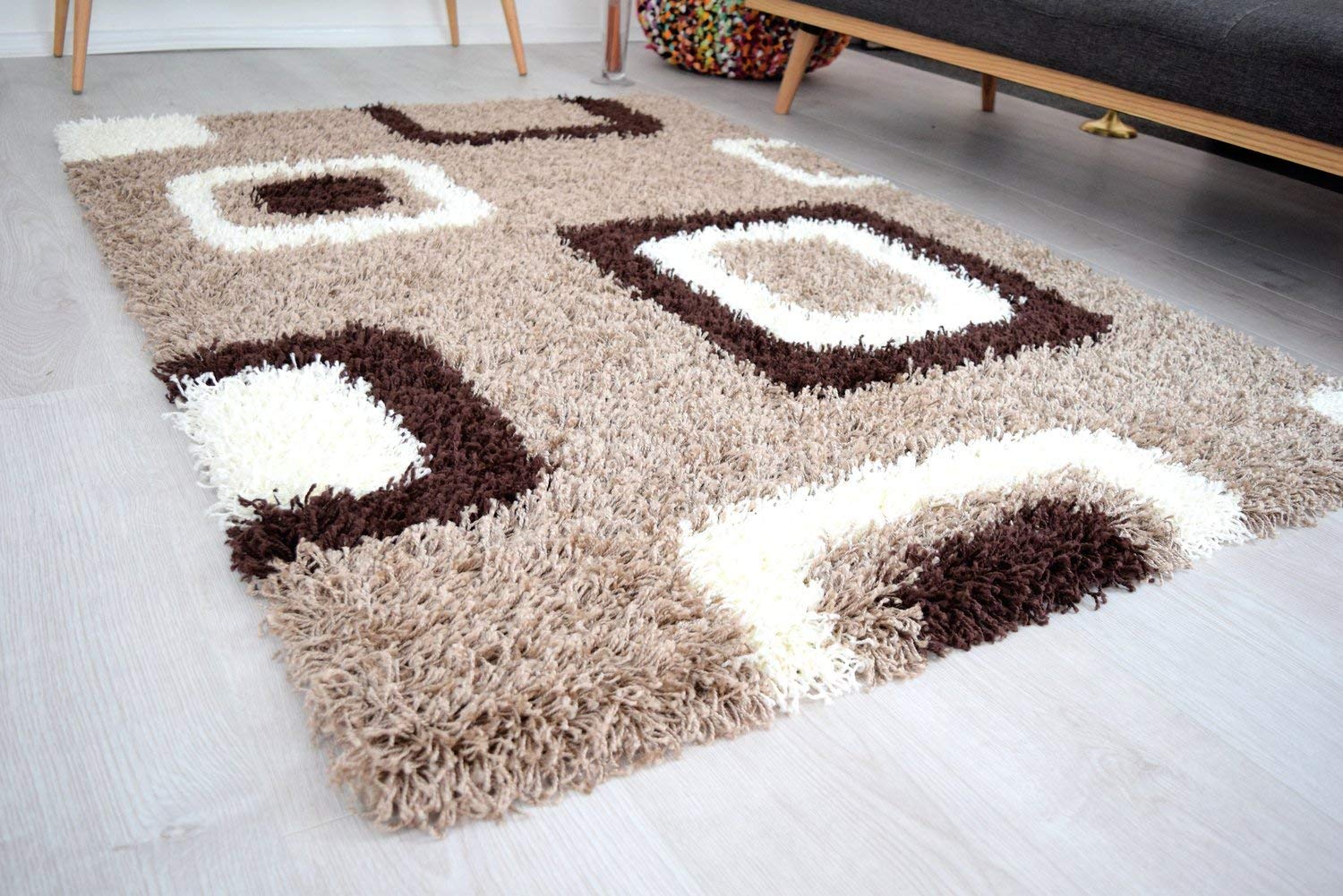Bravich Large Brown Beige and Ivory Cube Boxed Pattern Geometric Square Design Mix Thick Shag 5cm Super Soft High Deep Pile Shaggy Area Rug/Living Room Rug Carpet 120x170 cm (4ft x 5ft6) — image 1