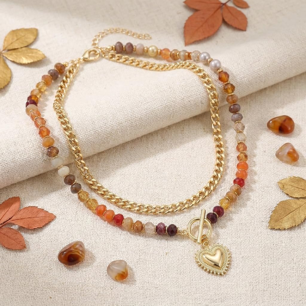 Sonateomber Chunky Gold Layered Beaded Pendant Necklace for Women, Trendy Statement Resin Acrylic Bead Chain Choker Necklaces Summer Beach Prom Fashion Accessories Jewelry Gift