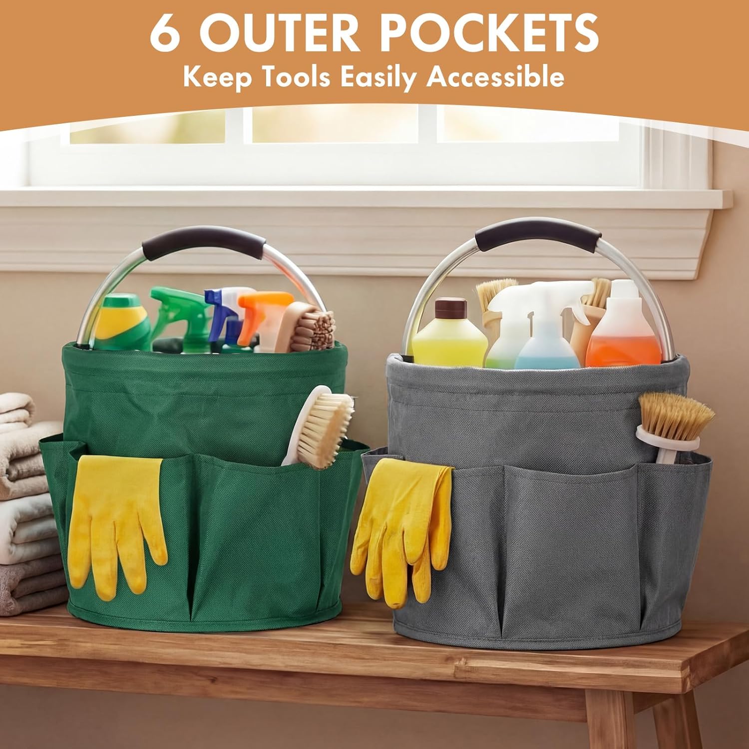 LemonRoad 4 Pack Cleaning Caddy with Handle 17L Foldable Cleaning Supplies Organizer Oxford Cloth Storage Basket with 6 Pockets Portable Multi Bucket Bag for Home Garden(Black,Gray,Navy Blue,Green)