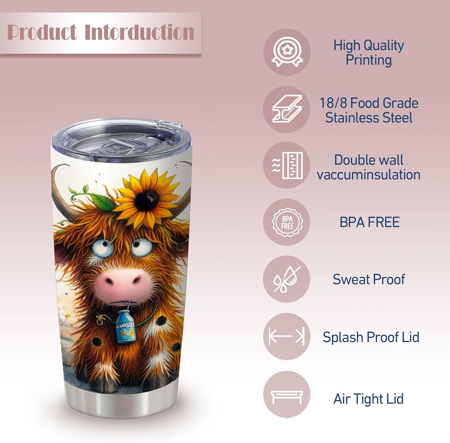 ATHAND Highland Cow and Sunflowers Tumblers,Admit It,Life Would Be Borimg without Me 20 Oz Insulated Stainless Steel Vacuum Tumbler,Travel Coffee Mugs,Birthday Gift for Women,Men,Boy,Girls,1 Pcs - Image 2