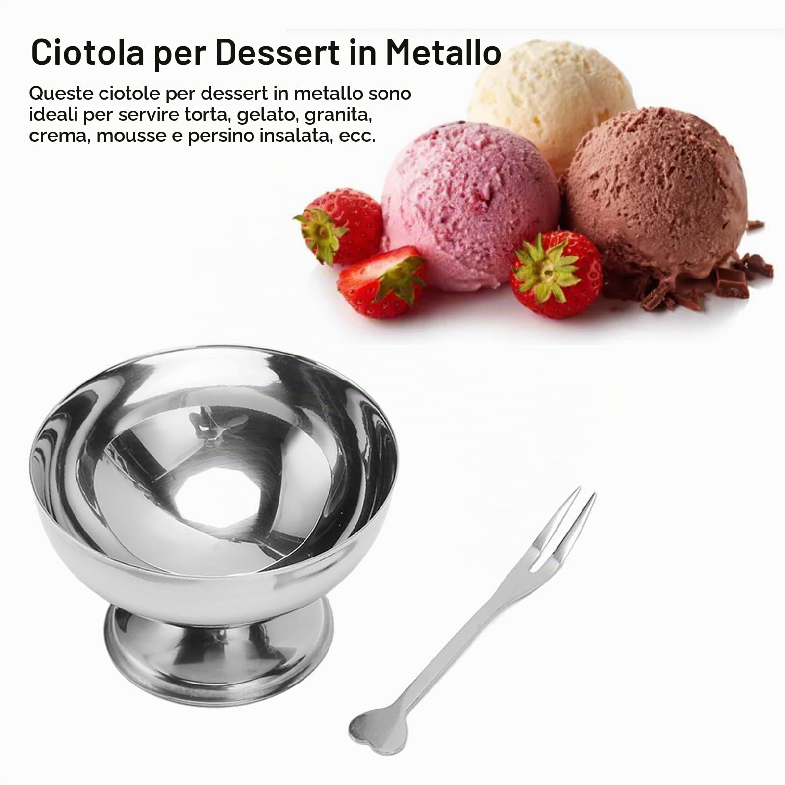 TOPINCN Set di 8 Ciotole da Dessert con Forchette, Set di Coppe per Gelato in Acciaio Inox, per Snack, Dessert, Insalate, Torte, Feste, Interni Ed Esterni