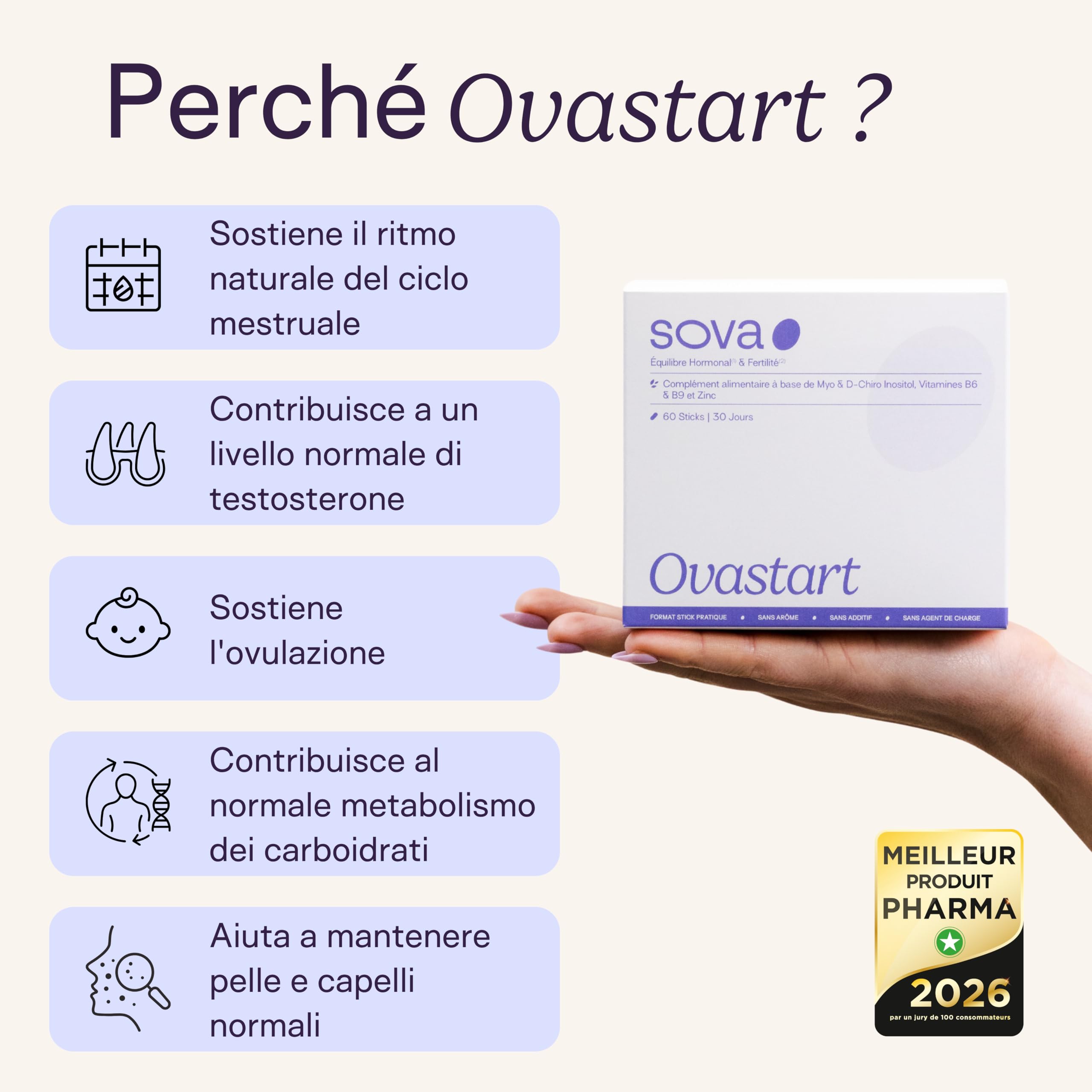 Myo Inositolo e D Chiro Inositolo 4000 mg - PCOS - con Acido Folico (Vitamina B9), Zinco e Vitamina B6 – Integratore Donna per Equilibrio Ormonale Femminile – 60 Bustine – SOVA - Ovastart