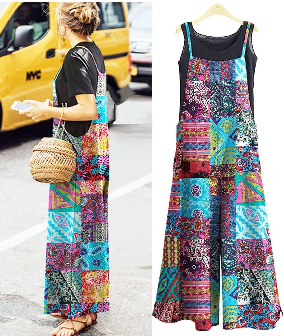 Women's Casual Loose Long Cotton Bib Overalls Baggy Linen Plus Size Jumpsuits Rompers Wide Leg Pants… - Image 2