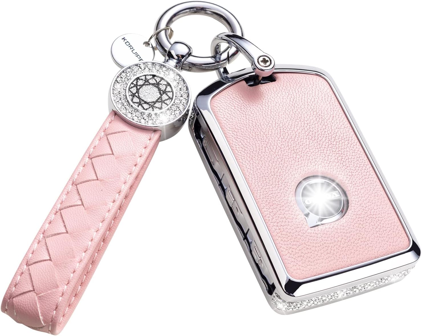 Key Fob Cover Compatible with Volvo, Pink Leather Crystal 360 Degree Protection Key Shell Case for XC90, XC60, XC40, S60, S90, V60, V90, Polestar 1, Polestar 2 Fit for Volvo